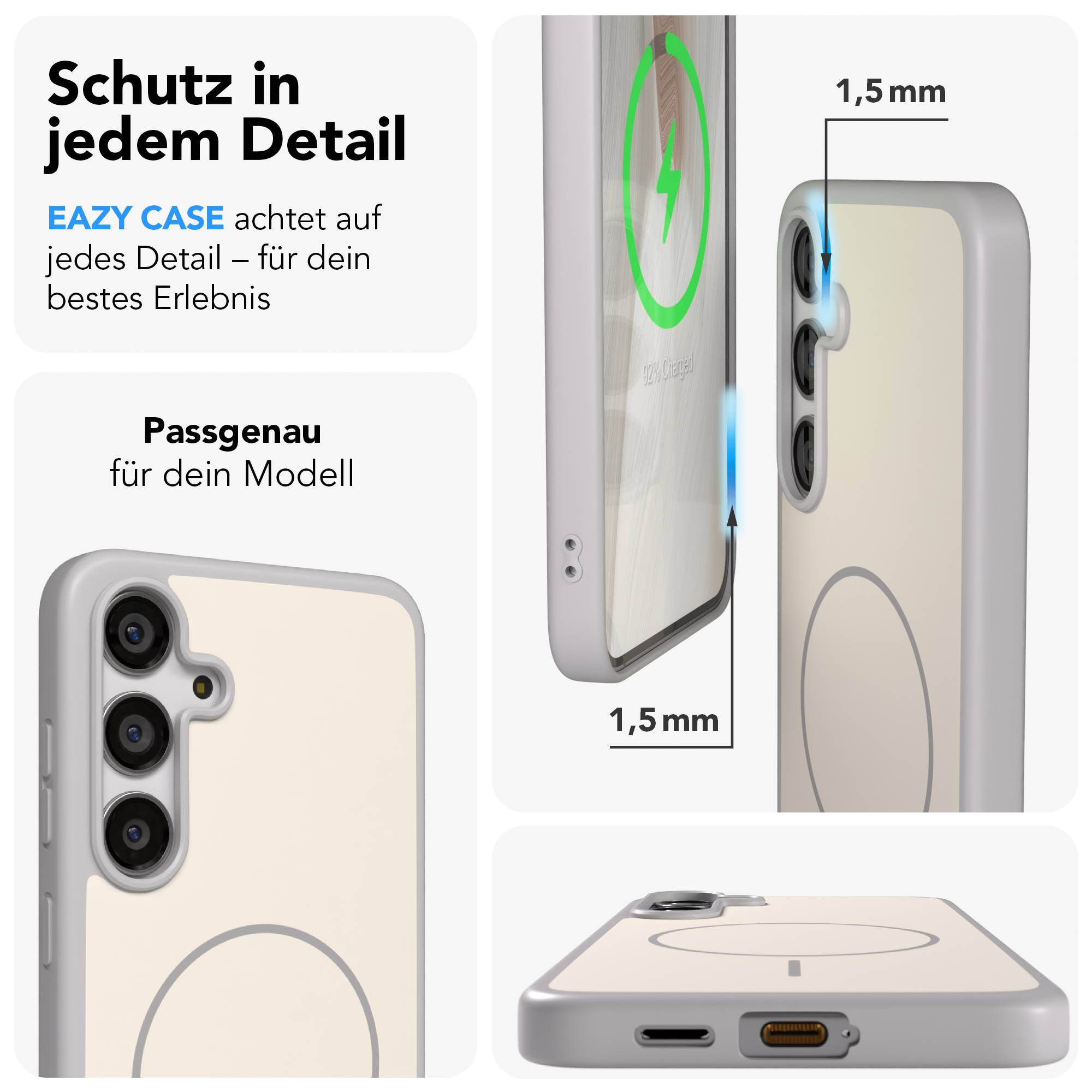 Beiger Handyhülle mit grauem Rand, zeigt Ladeanzeige und 1,5mm Dicke.
