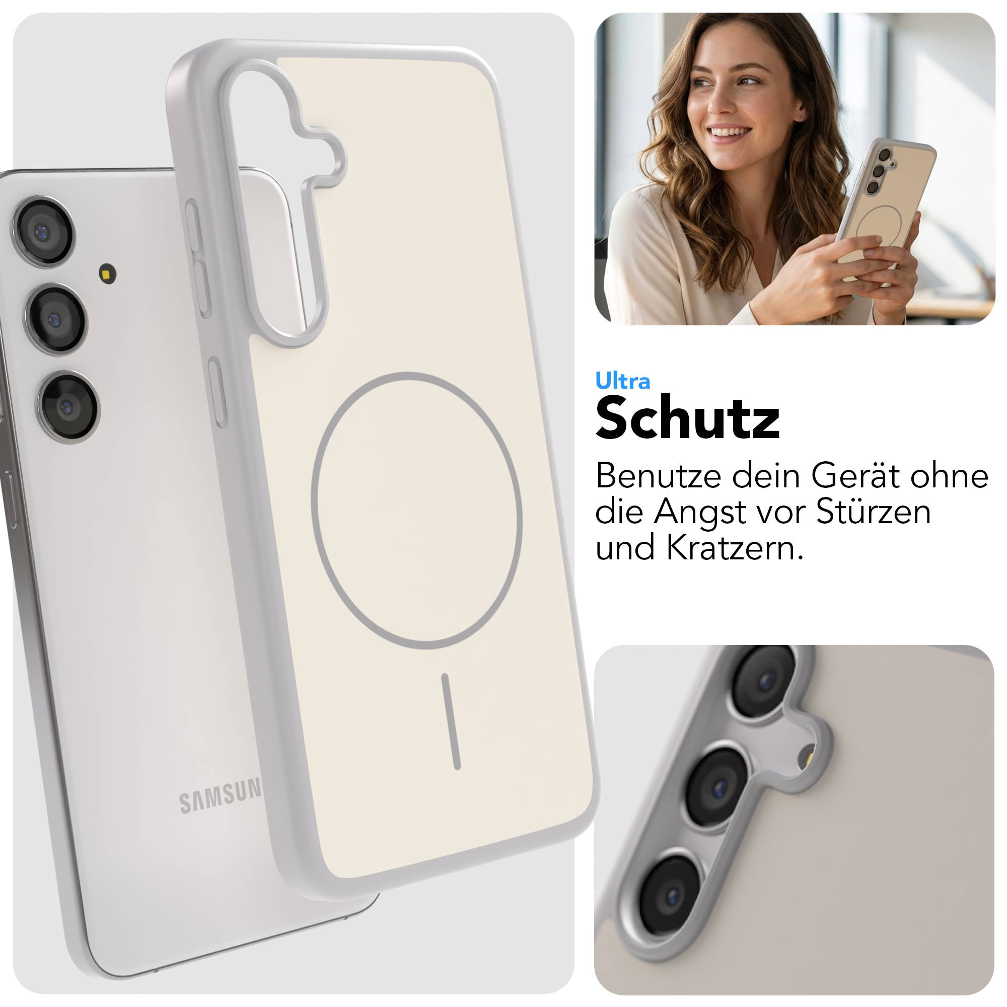 Ein Samsung Handy in einer Hülle mit Magnetkreis und Text.