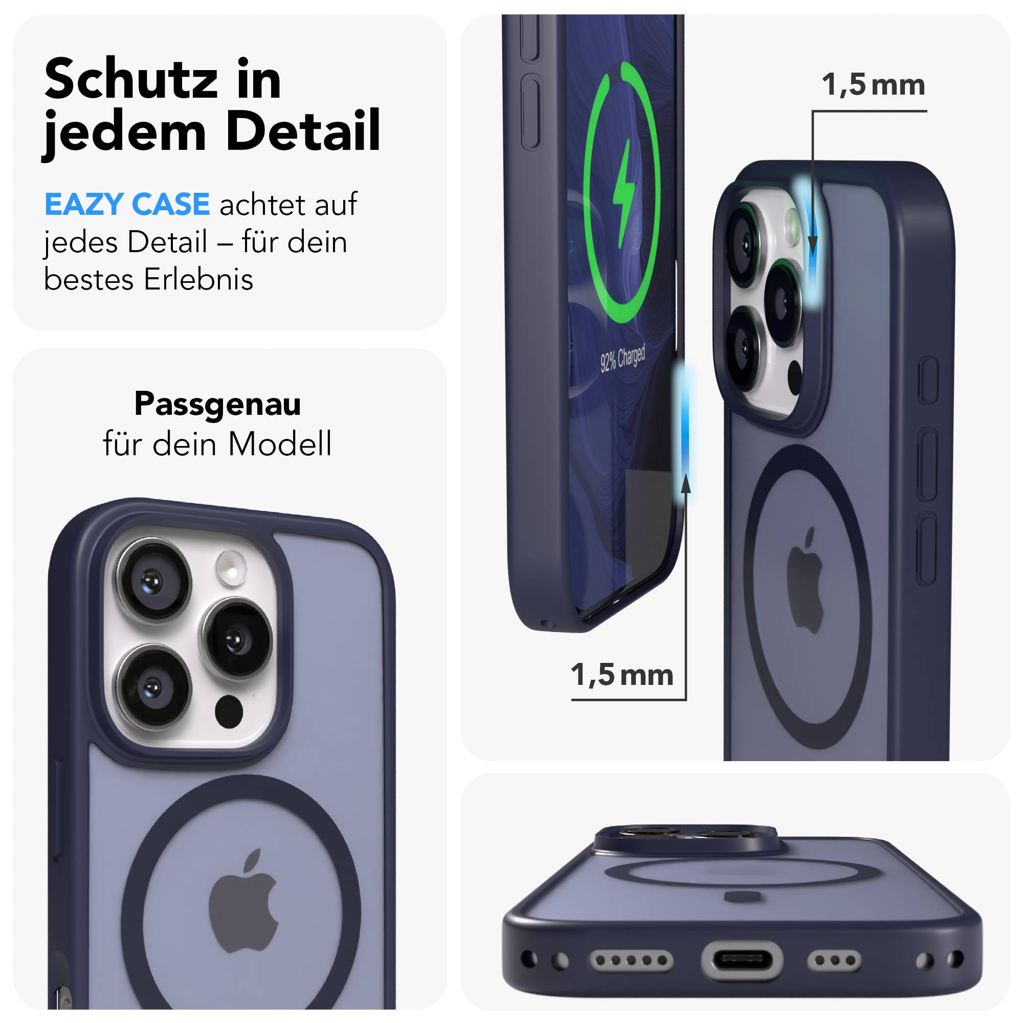 Dunkelblaues iPhone-Case mit MagSafe-Ring und Kamera-Ausschnitt.