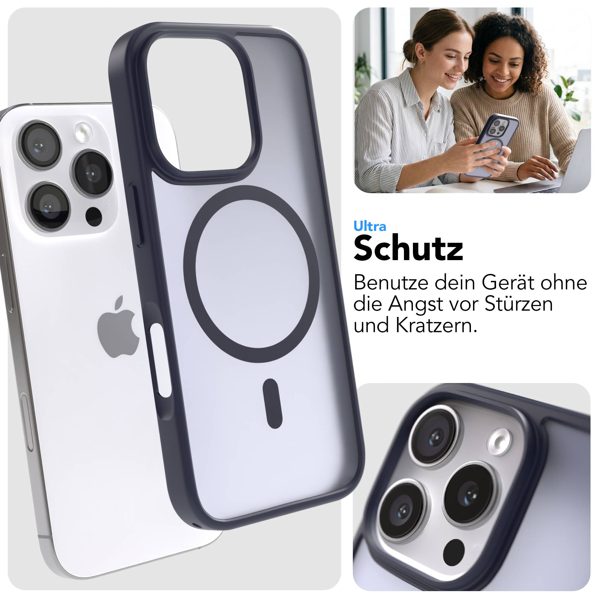 Transparente Schutzhülle mit dunklem Rand für ein iPhone, das auf einem Tisch liegt.