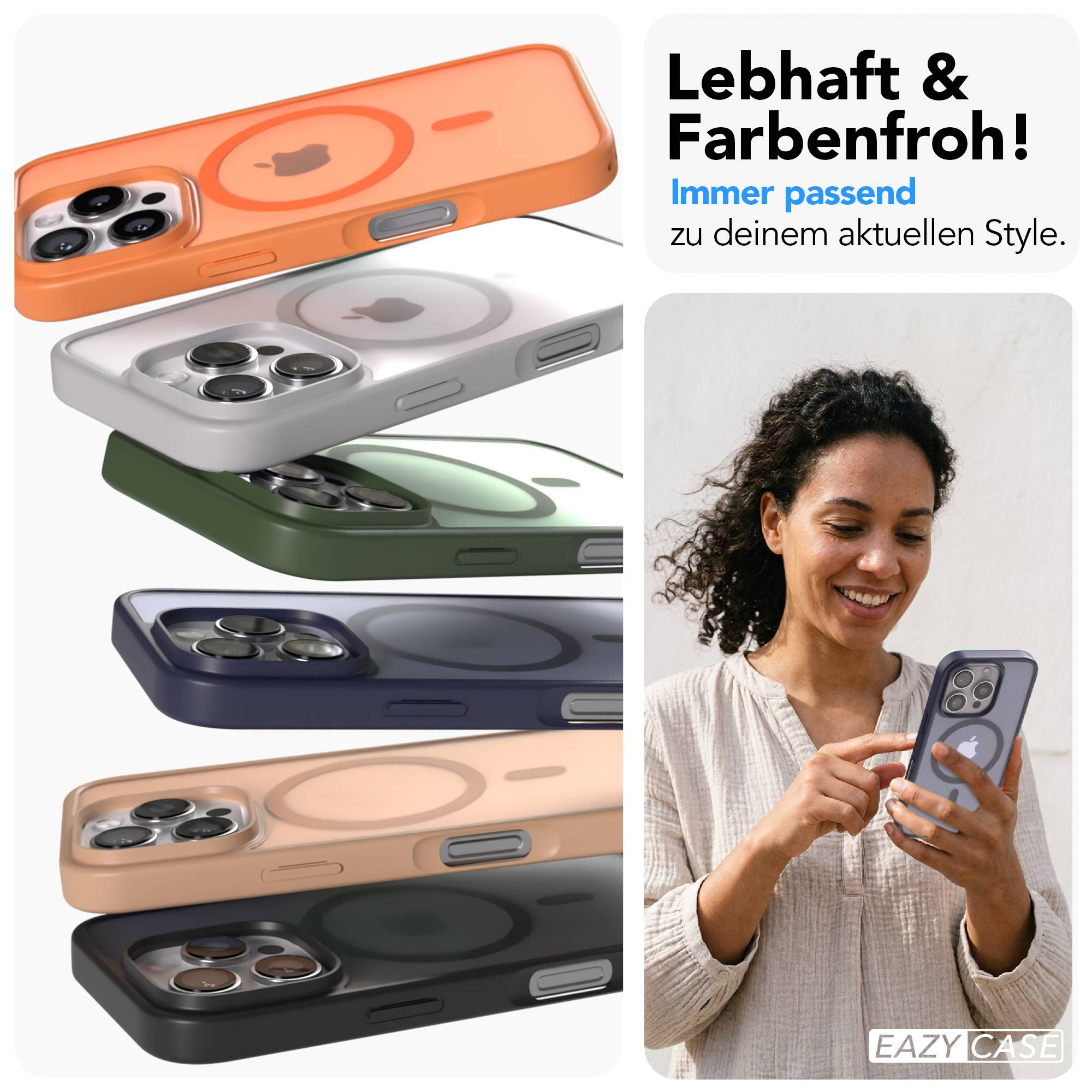 Verschiedene iPhone-Hüllen in bunten Farben, eine Frau hält ein Handy.