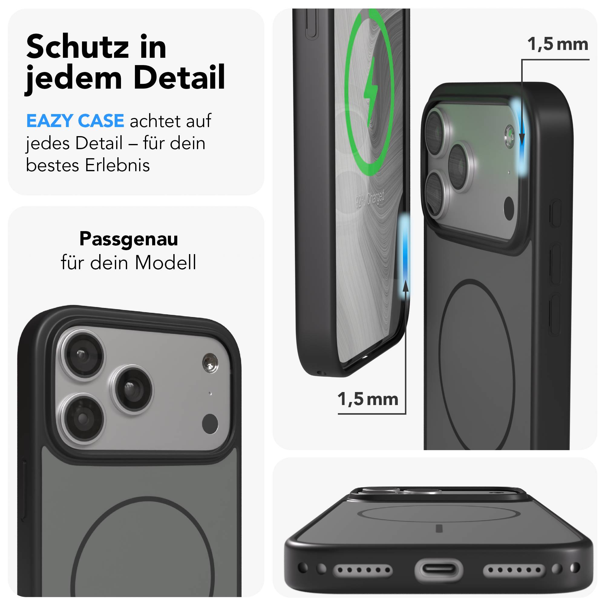 Schwarze Handyhülle mit Kamerainsel und Ladeanzeige. 1,5 mm dick.