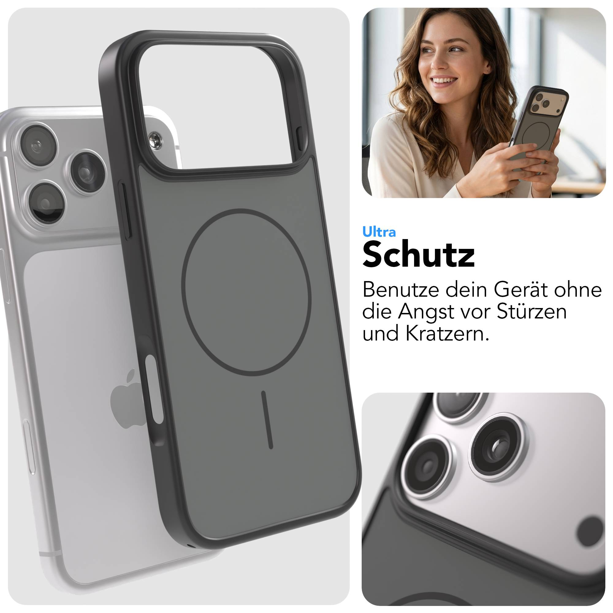 Schwarzes iPhone-Case mit Ring und einzelnem Strich auf grauem Hintergrund.