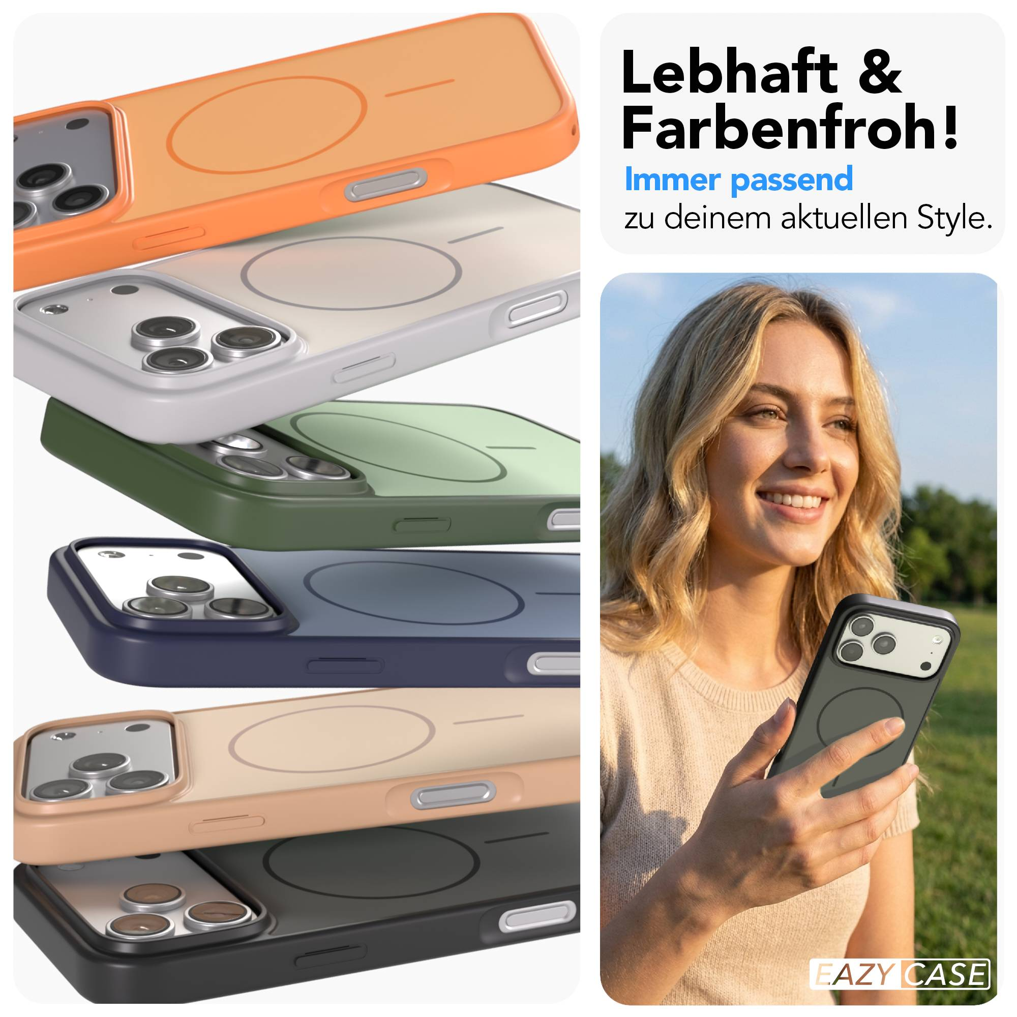 Bunte Handyhüllen und eine Frau mit Handy im Freien.