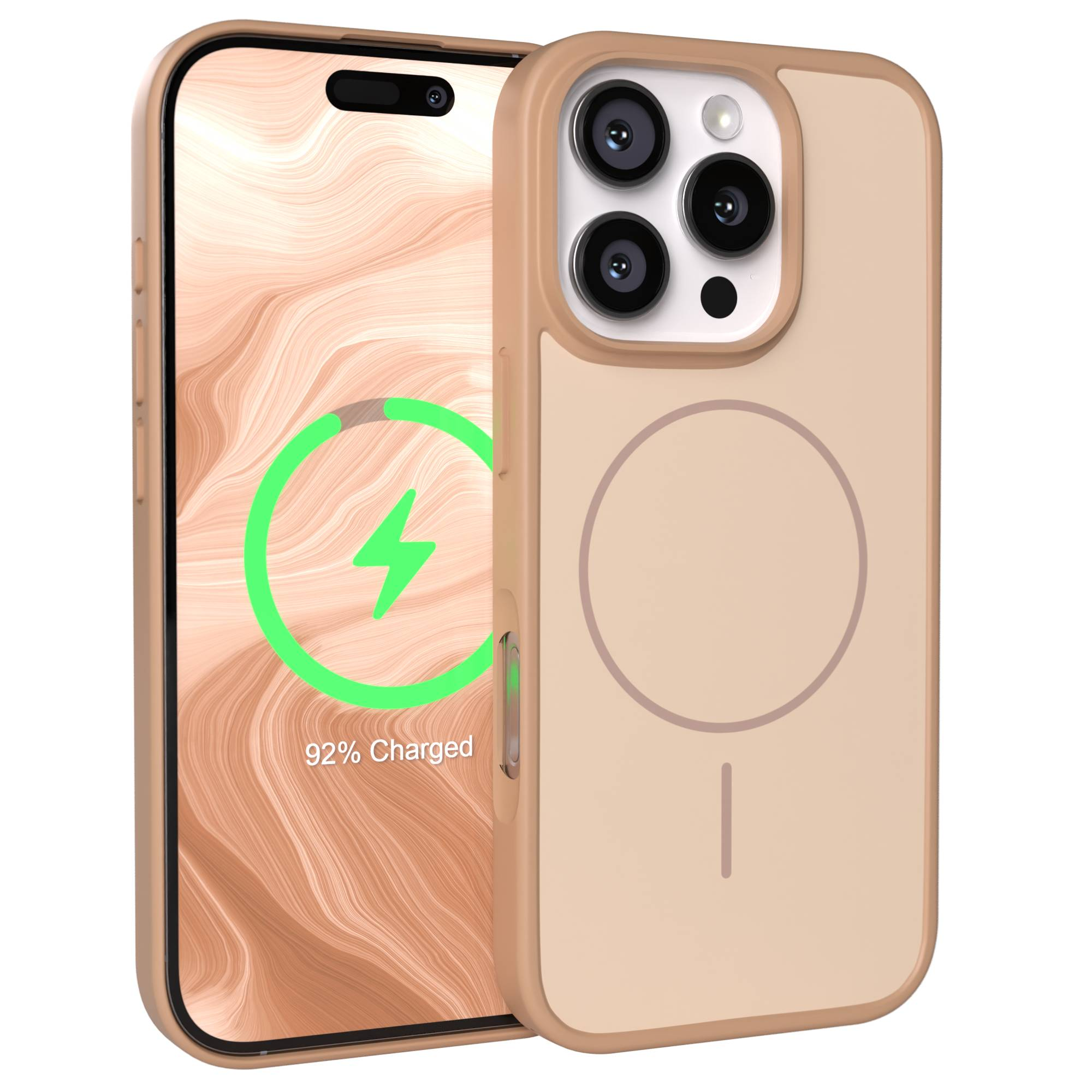 Ein hellbraunes Handy mit Schutzhülle und Ladeanzeige.