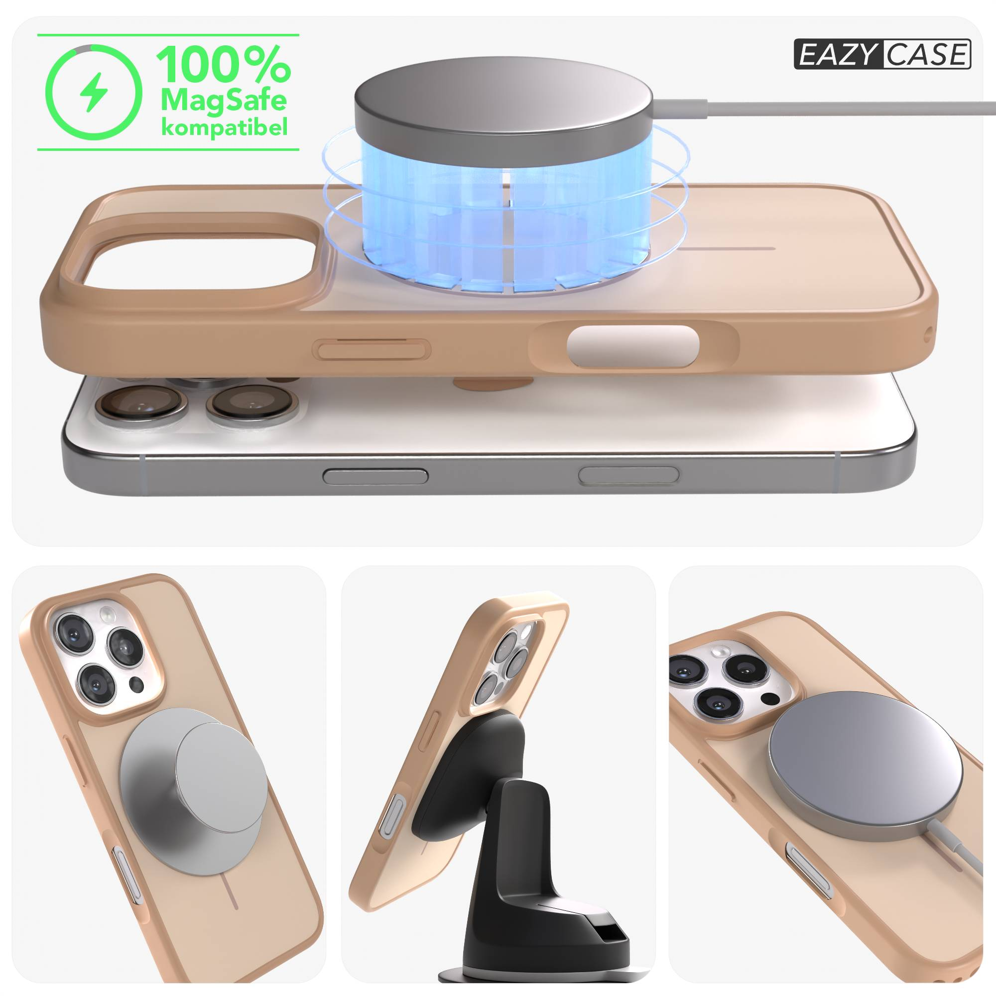 Ein Handy mit MagSafe-Hülle wird kabellos geladen. Nahaufnahmen zeigen Zubehör.