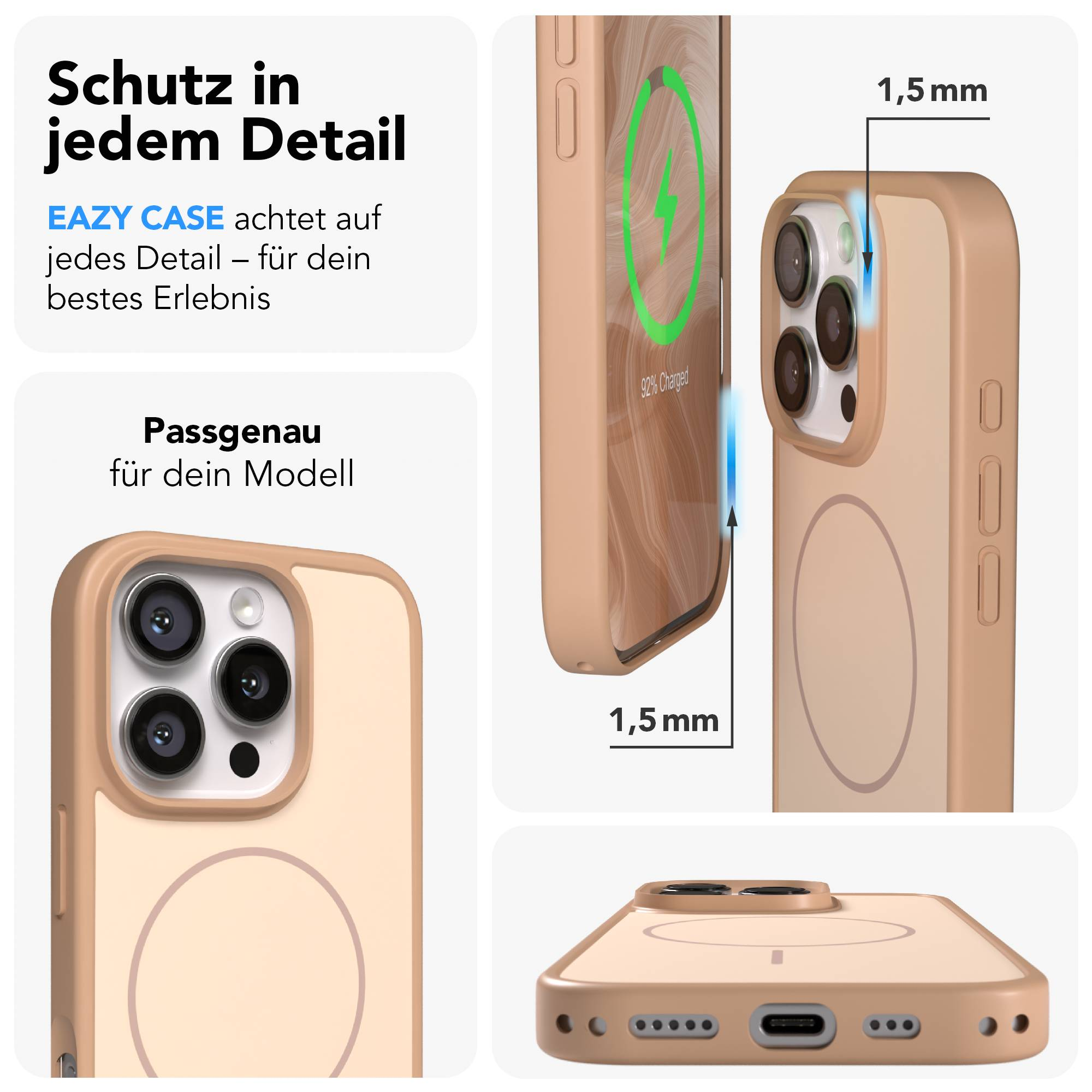 Ein hellbraunes iPhone-Case mit Fokus auf Details, Ladeanzeige und Kamera.