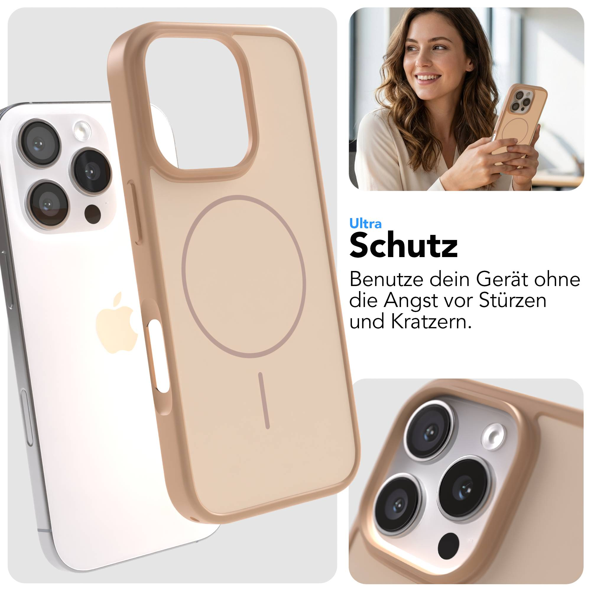 Ein Handy mit Hülle und drei Kameras, Nahaufnahme.