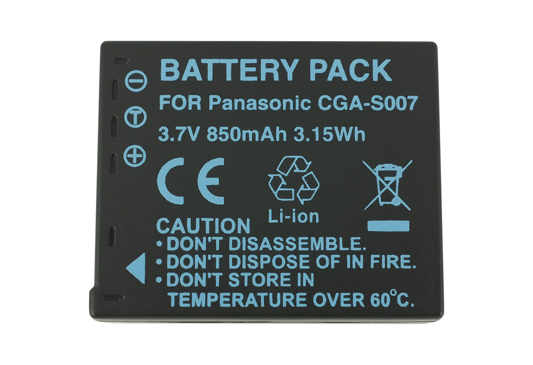 Schwarzer Akku mit blauen Aufdrucken: BATTERY PACK, 3.7V 850mAh, CE-Zeichen.