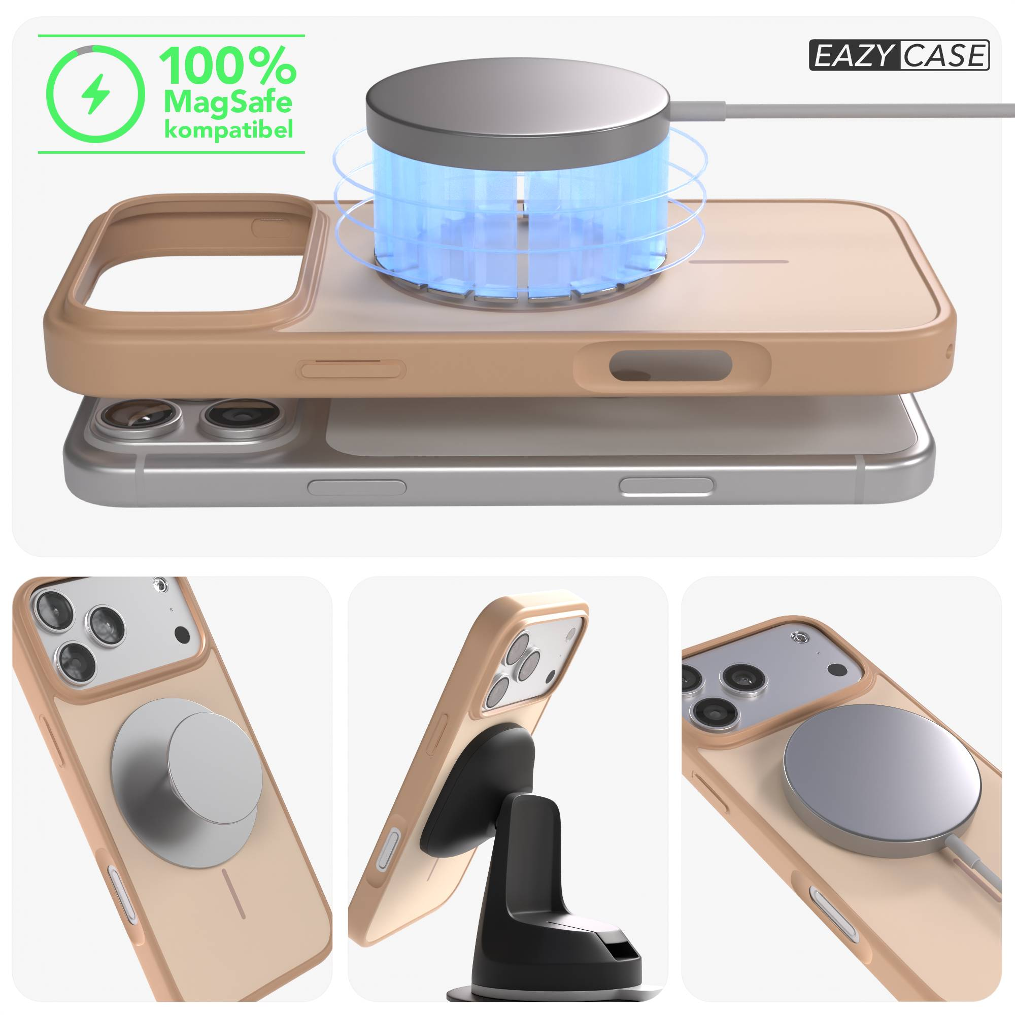 Braune Handyhülle mit MagSafe-Ladegerät und Ständer. 100% MagSafe kompatibel.