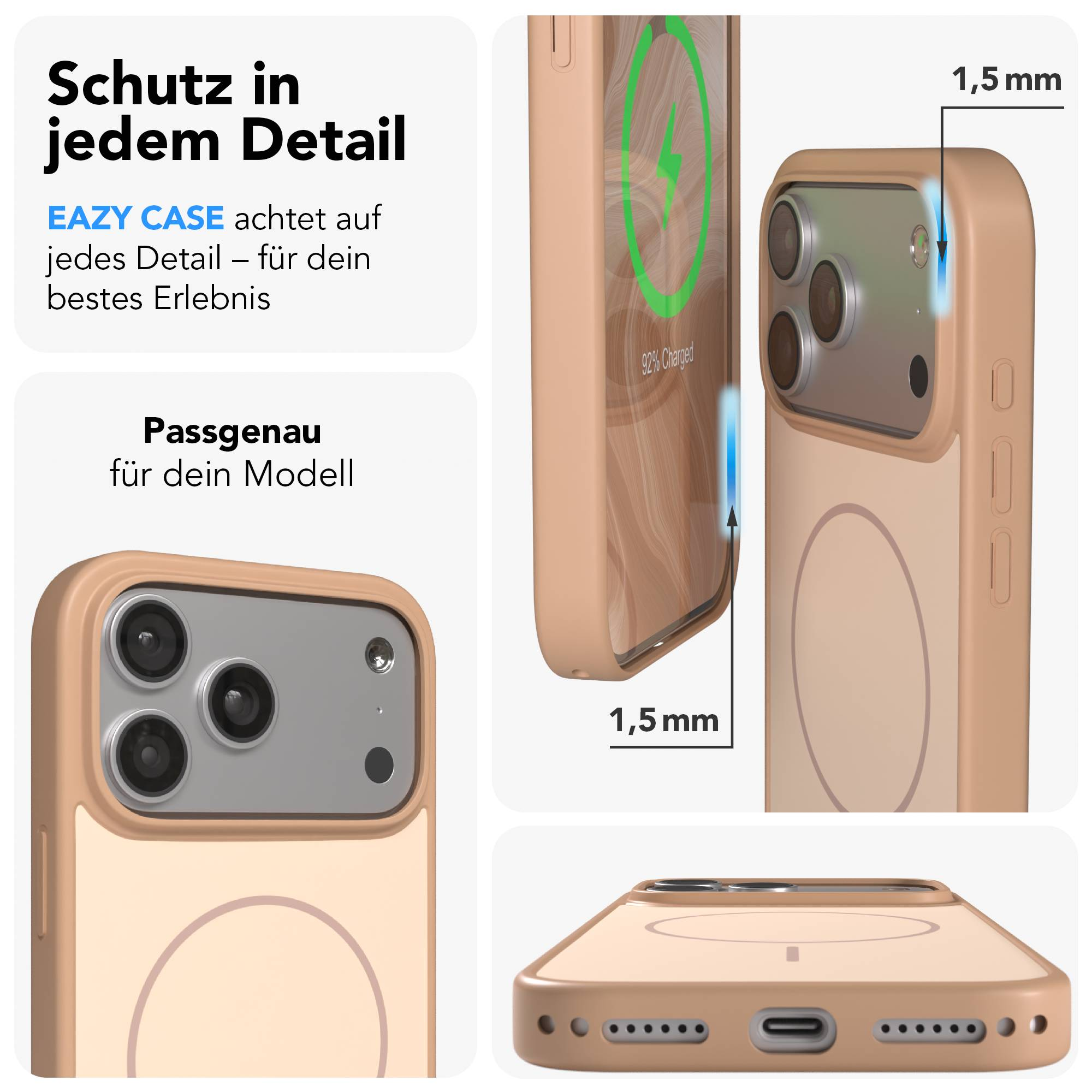 Ein hellbraunes Handycase mit detaillierten Aufnahmen, die Schutz und Passform betonen.