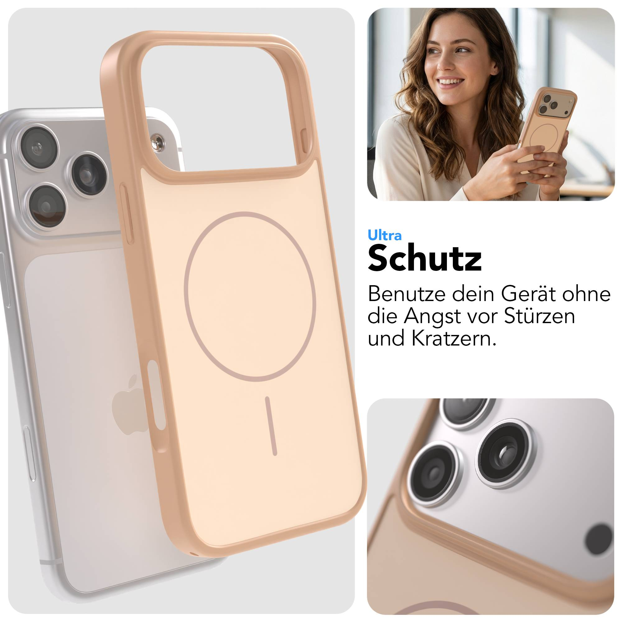 Ein iPhone mit einem hellbeigen Schutzgehäuse und Magnetring-Detail.