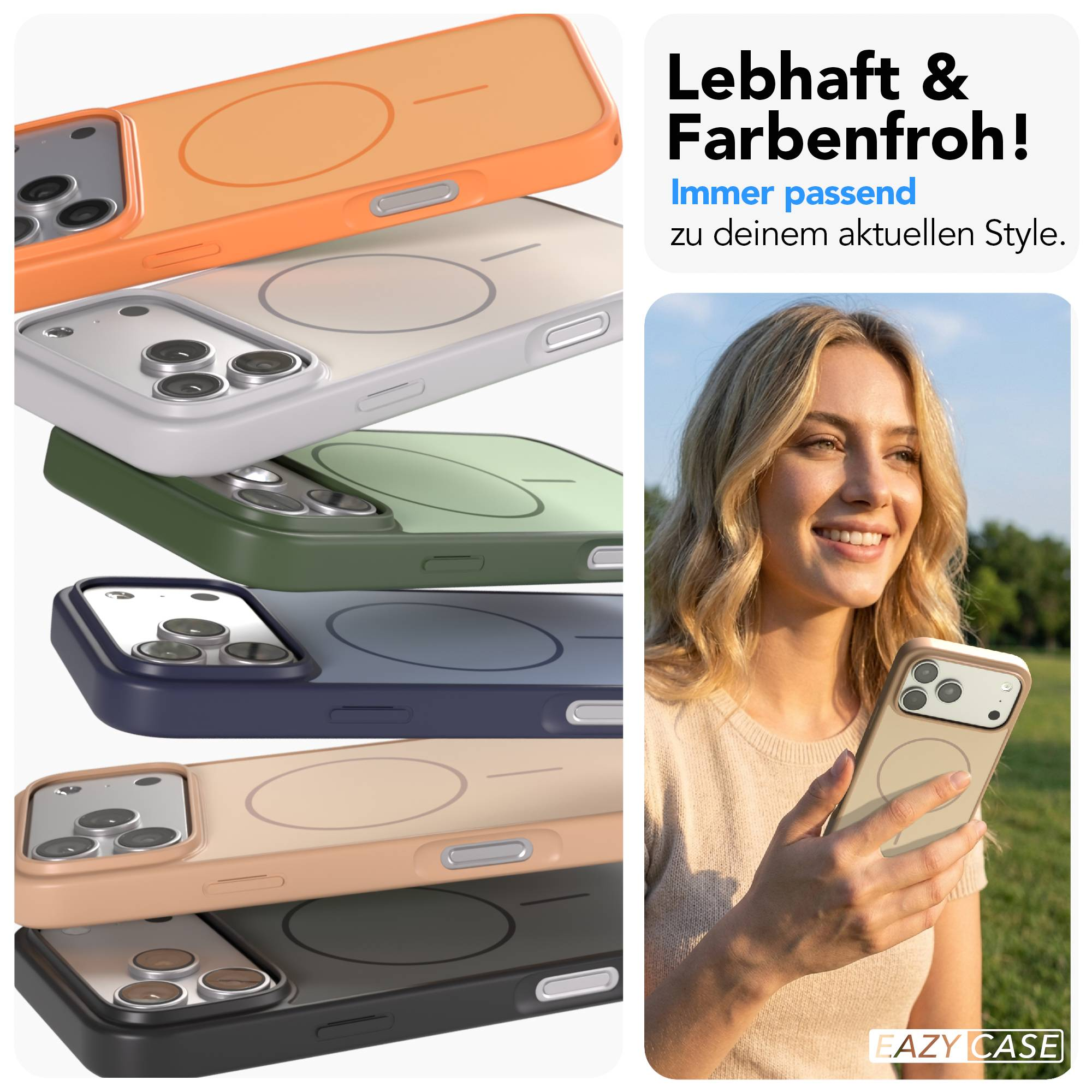 iPhone-Hüllen in verschiedenen Farben, eine Frau hält eine beige Hülle.
