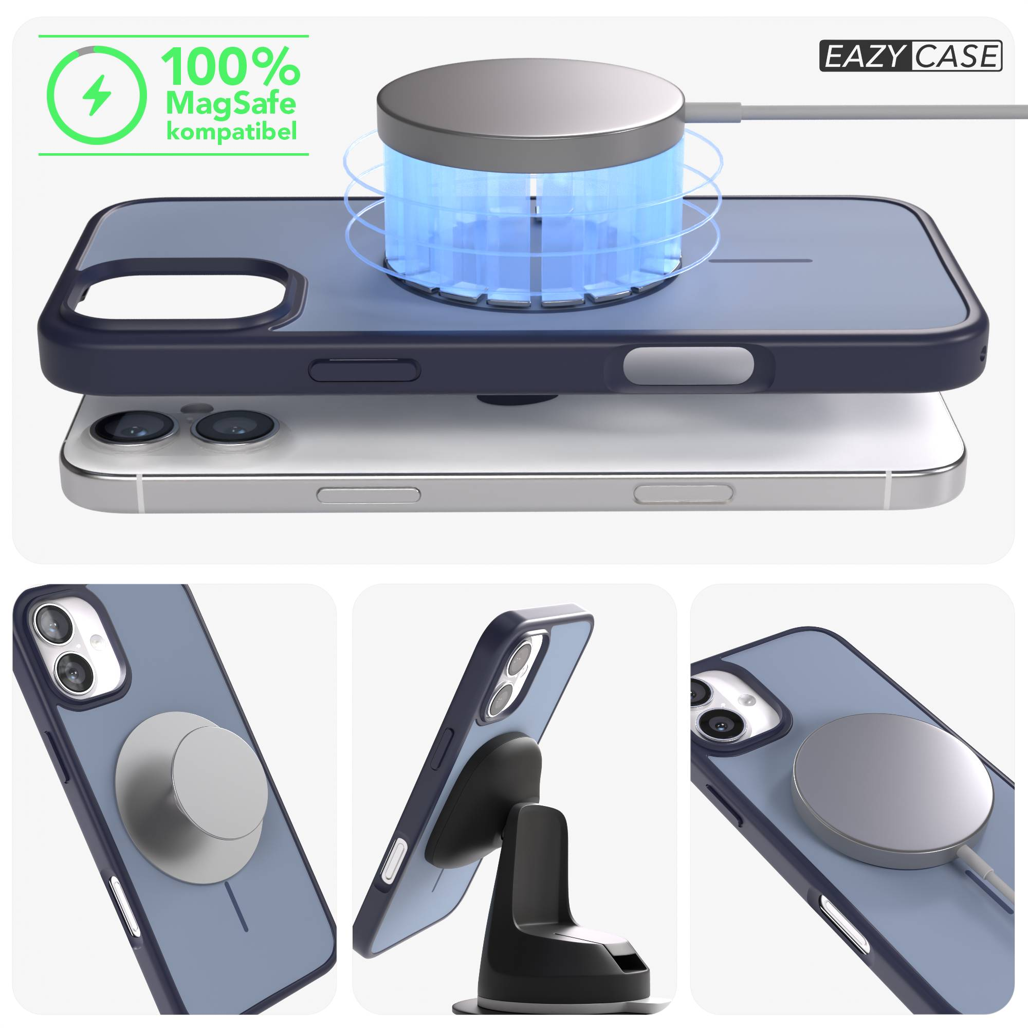 Ein Handy mit MagSafe-Ladegerät und transparentem Case wird gezeigt.