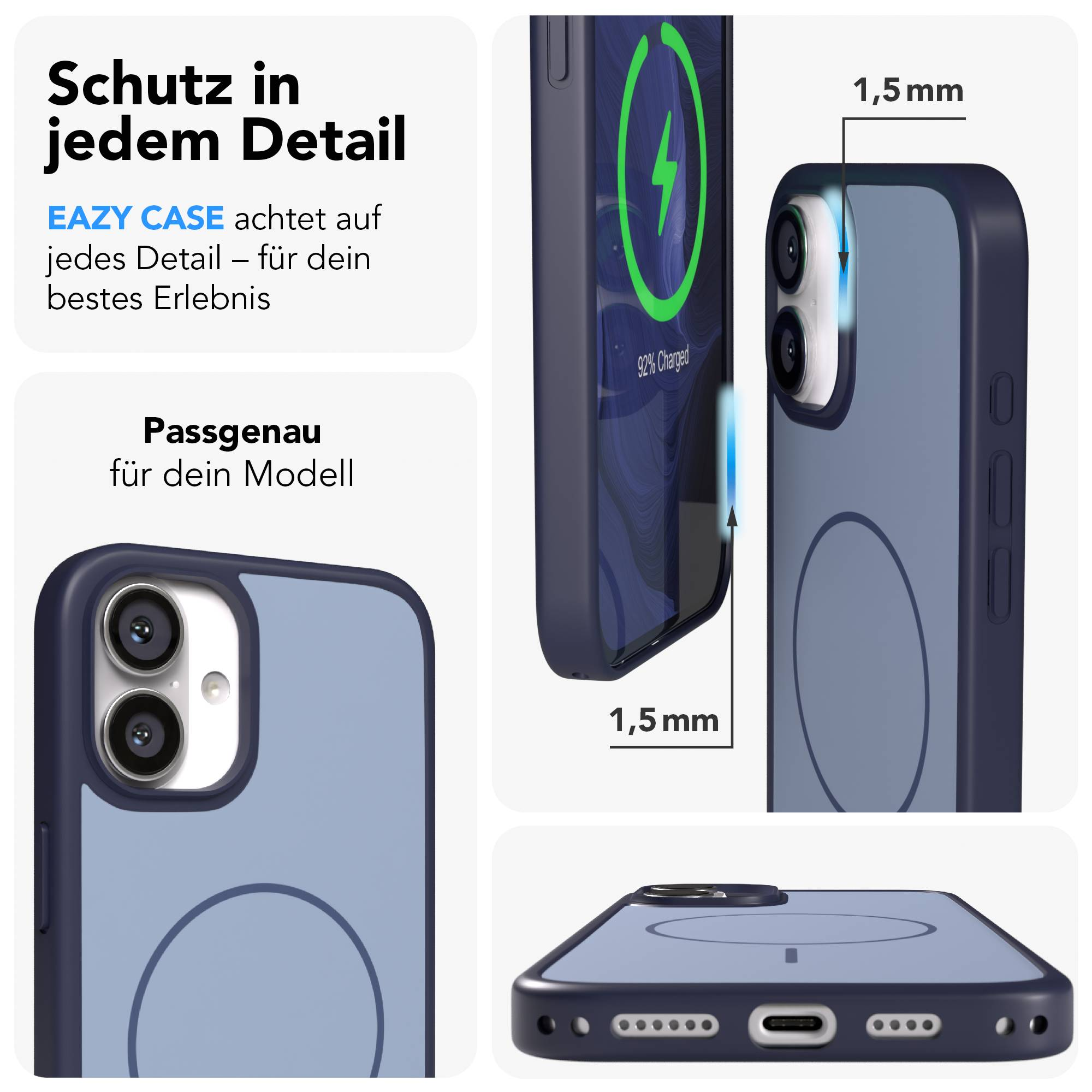Eine blaue Handyhülle mit präzisen Ausschnitten für Kamera und Anschlüsse.