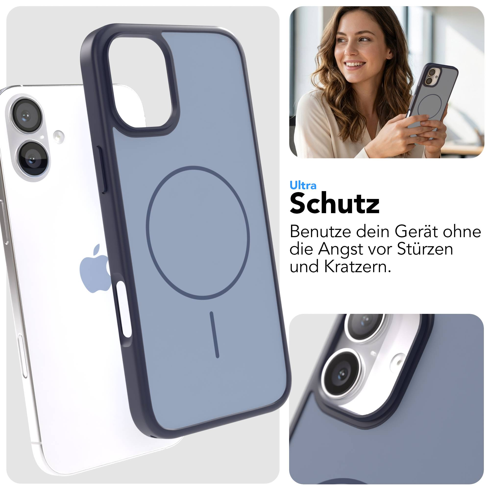 Ein blaues Handy Cover liegt auf einem weißen Handy. Nahaufnahme der Kamera.