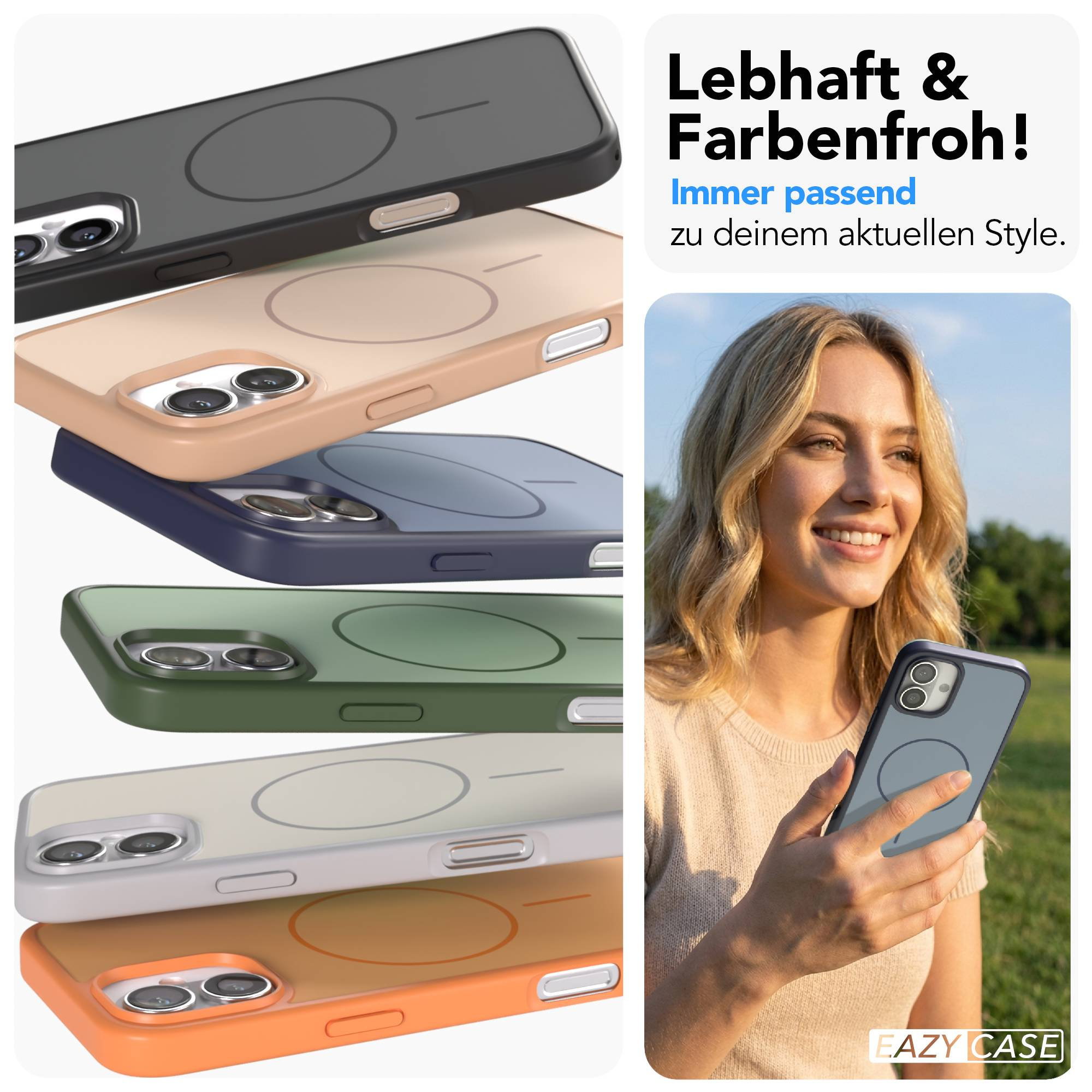 Mehrere iPhone-Hüllen in verschiedenen Farben gestapelt. Eine Frau hält eine blaue Hülle.