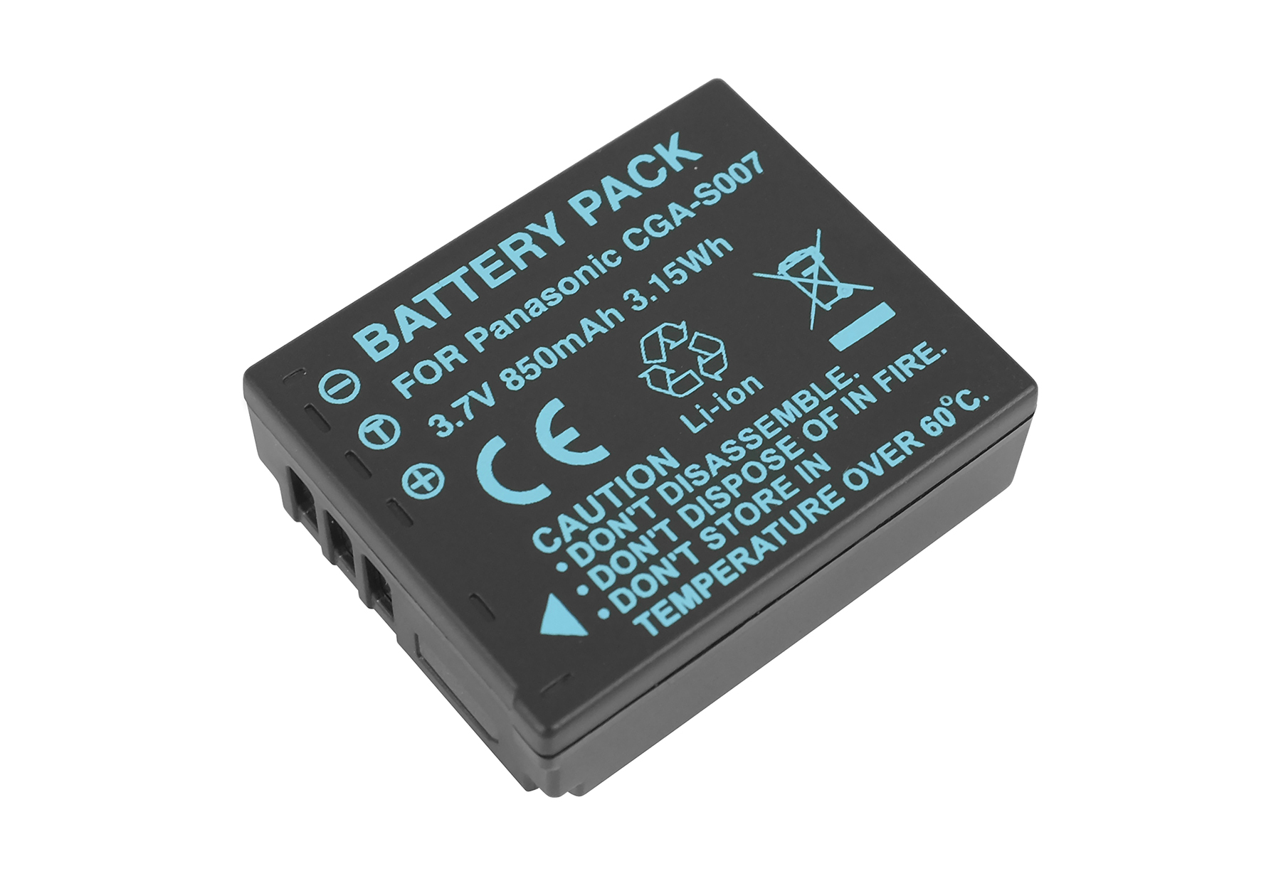 Schwarzer Panasonic CGA-S007 Akku, 3,7V 850mAh, mit Warnhinweisen.
