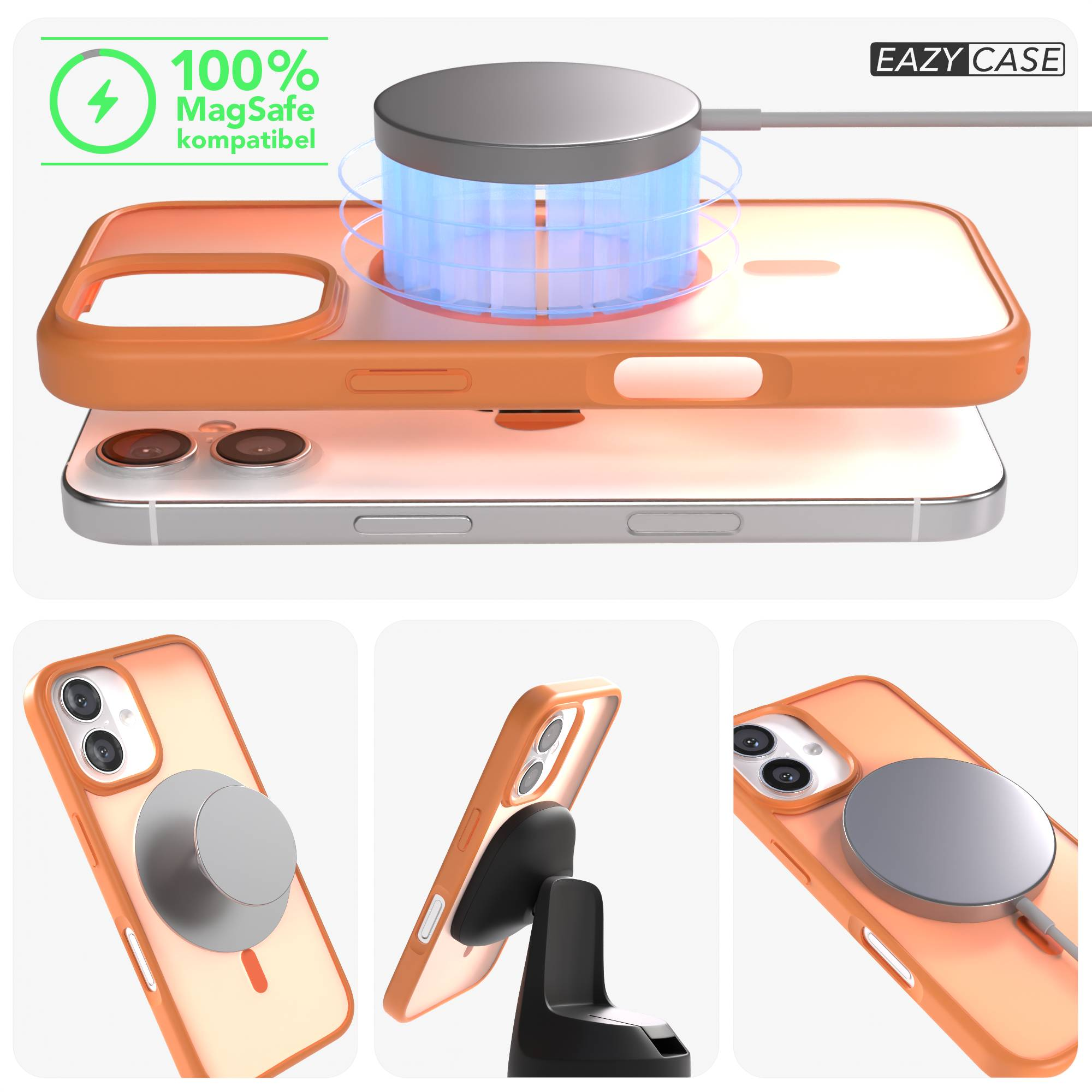 Orange iPhone Hülle mit MagSafe Ladegerät auf einem Handy.