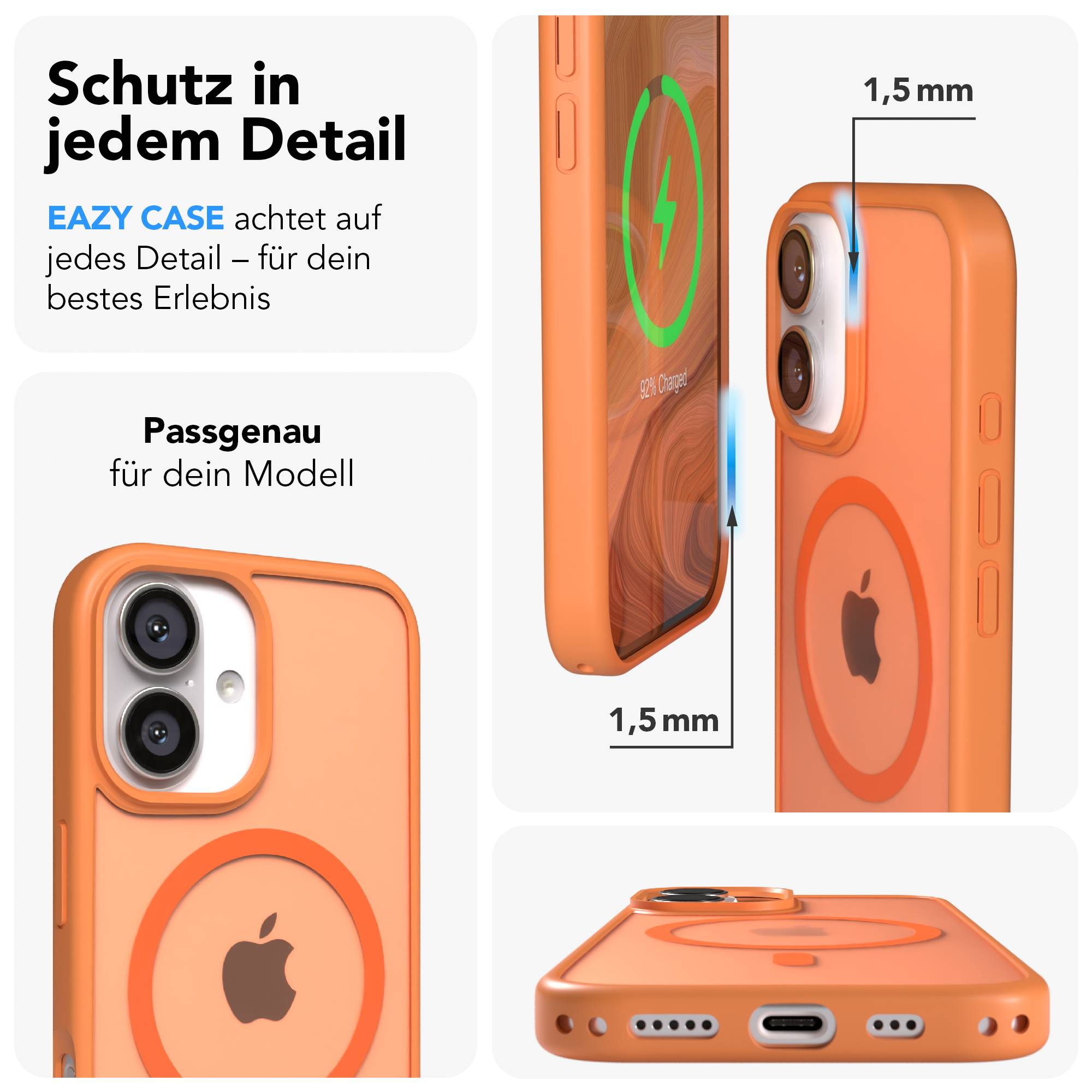 Orange Hülle für iPhone mit MagSafe-Ring und Kameraaussparung.