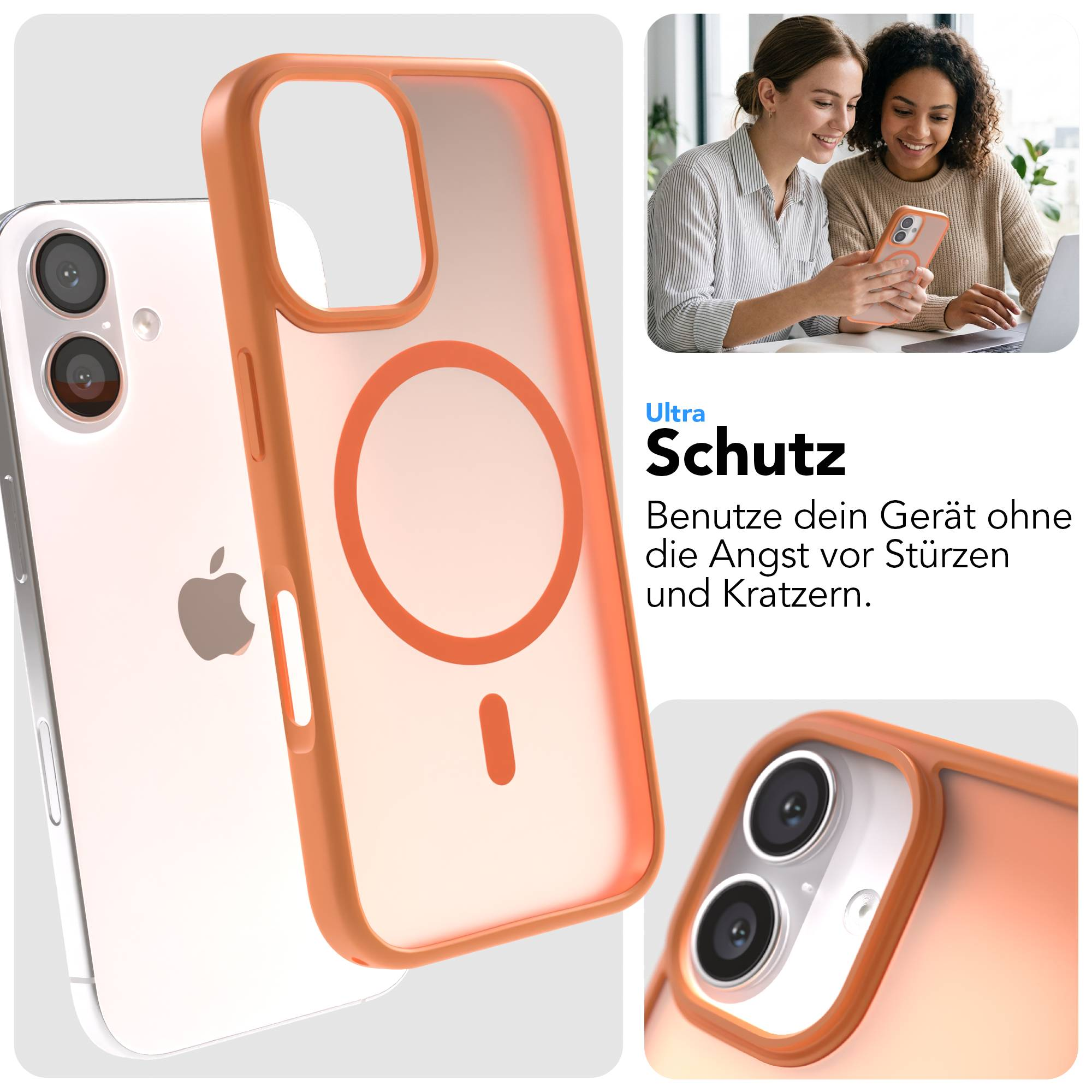 Orange Hülle für iPhone, zeigt Rückseite und Kameras. Zwei Frauen schauen auf ein Handy.