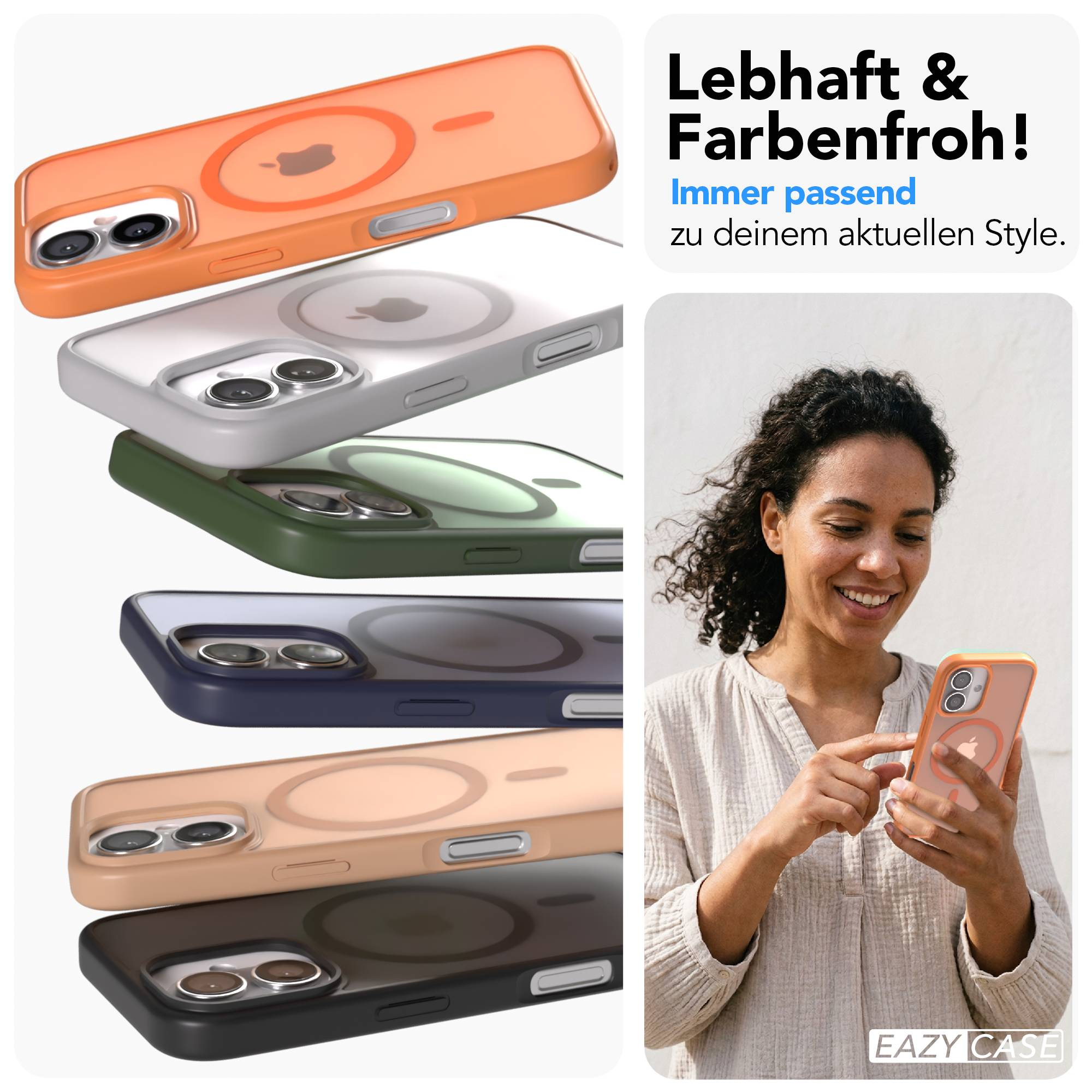 Mehrere iPhone-Hüllen in verschiedenen Farben, daneben eine Frau mit einem Smartphone.