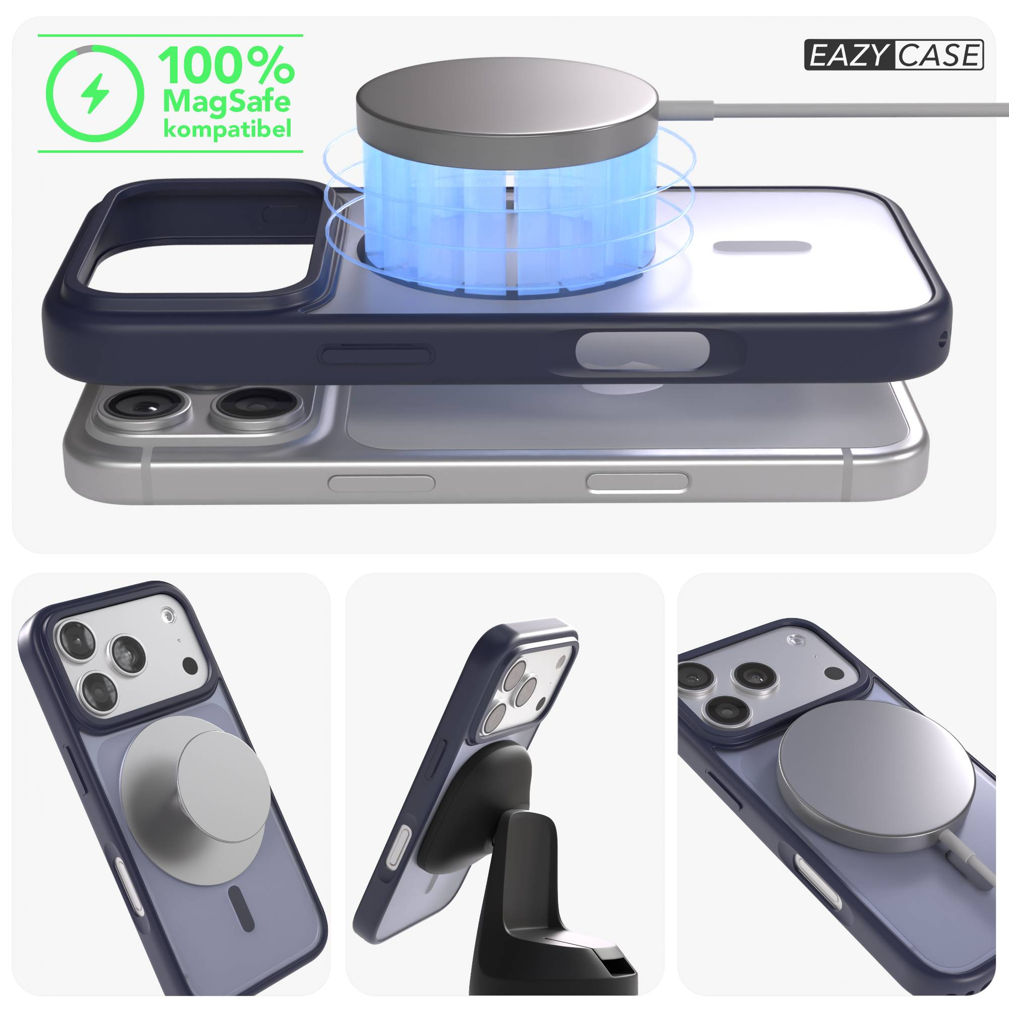 iPhone mit MagSafe-Ladegerät und Eazy Case Hülle, zeigt Ladefunktion.
