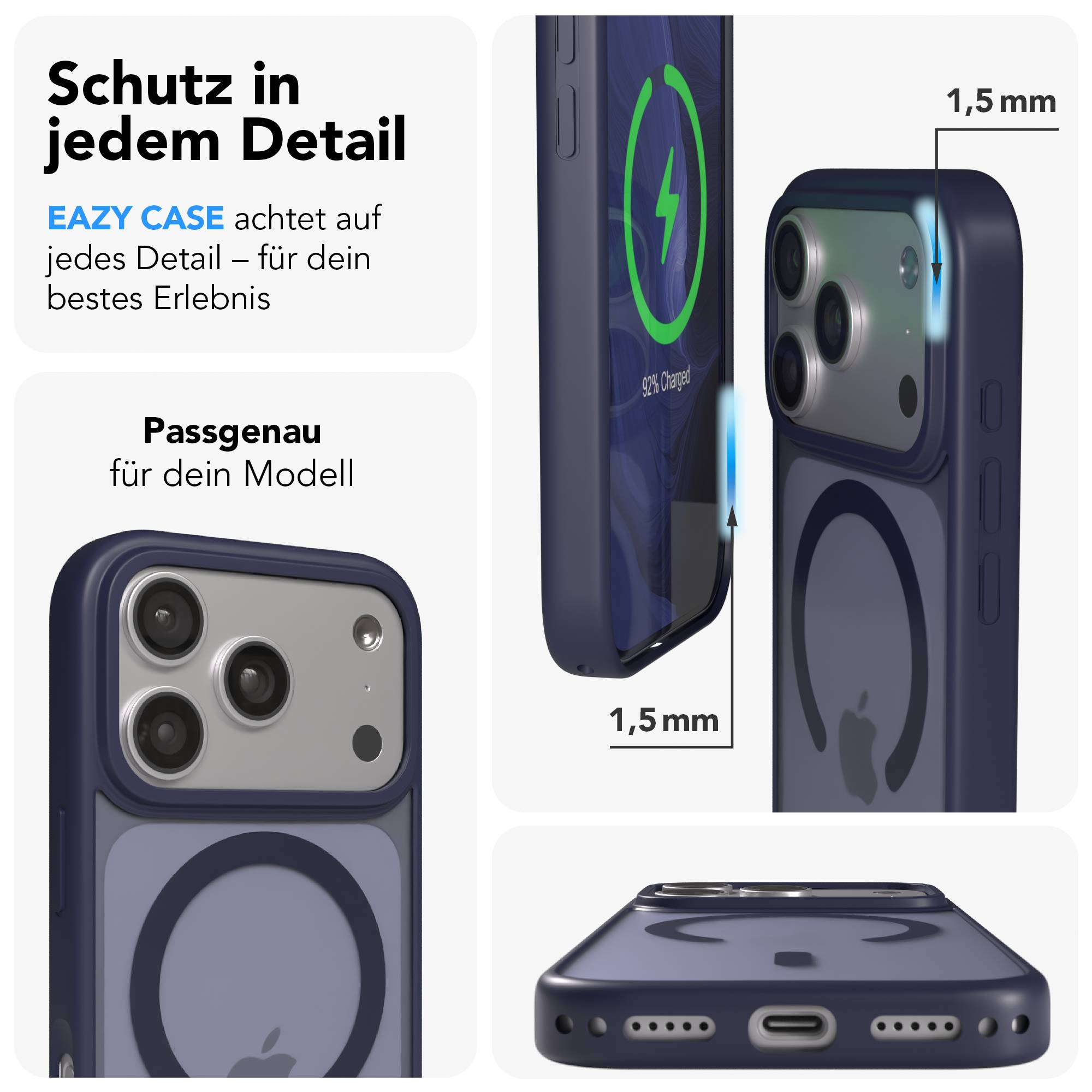 Dunkelblaue Handyhülle zeigt ein iPhone, das geladen wird. Präzision.