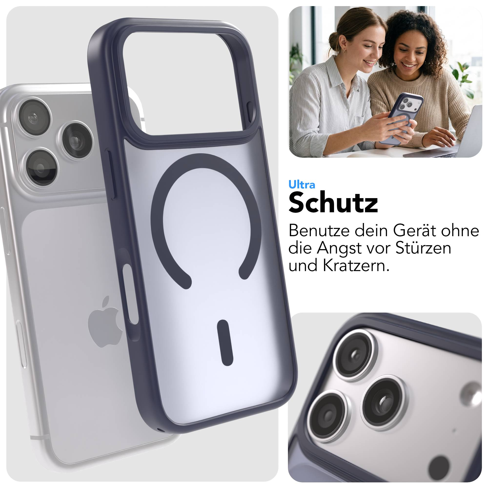 Dunkelblaues Handyhülle mit transparentem Rücken und Magnetring.