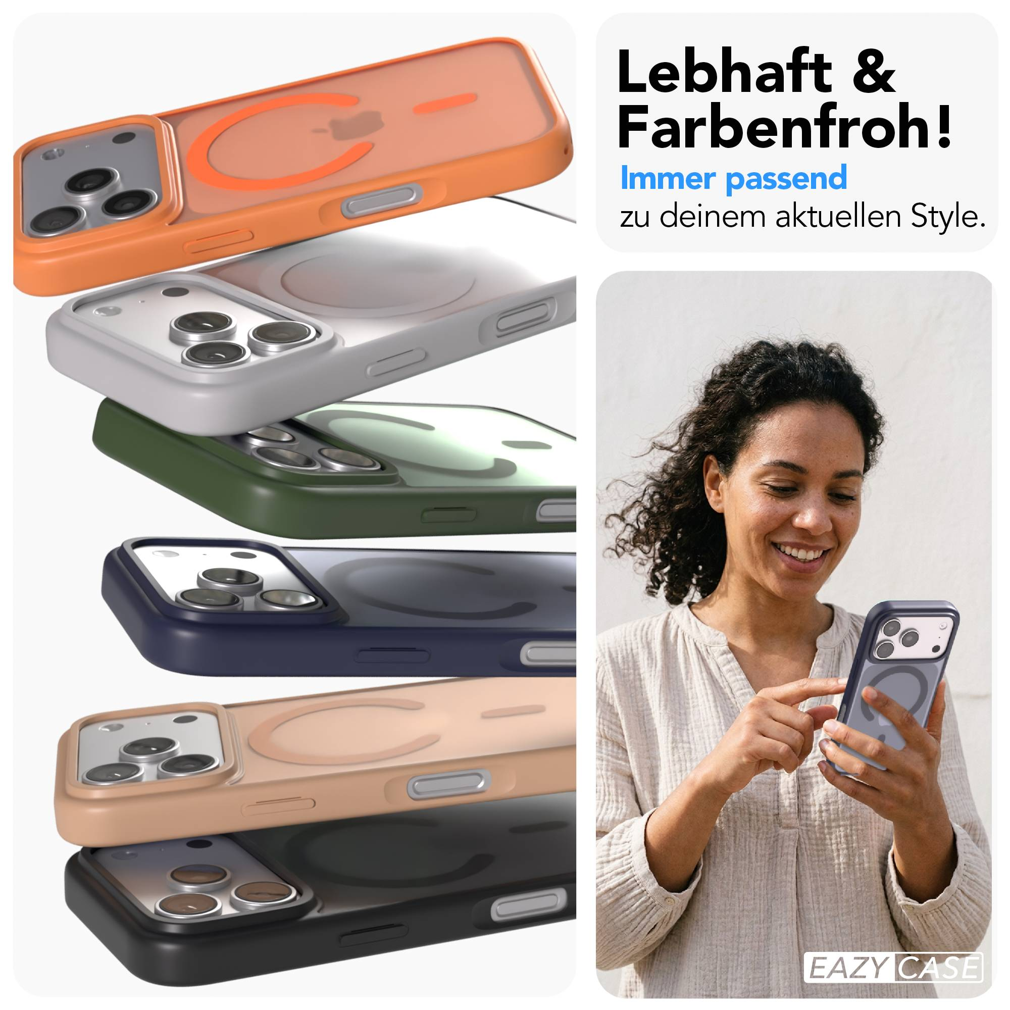 Eine Frau hält ein Handy mit einer Hülle. Mehrere farbige Hüllen sind gestapelt.