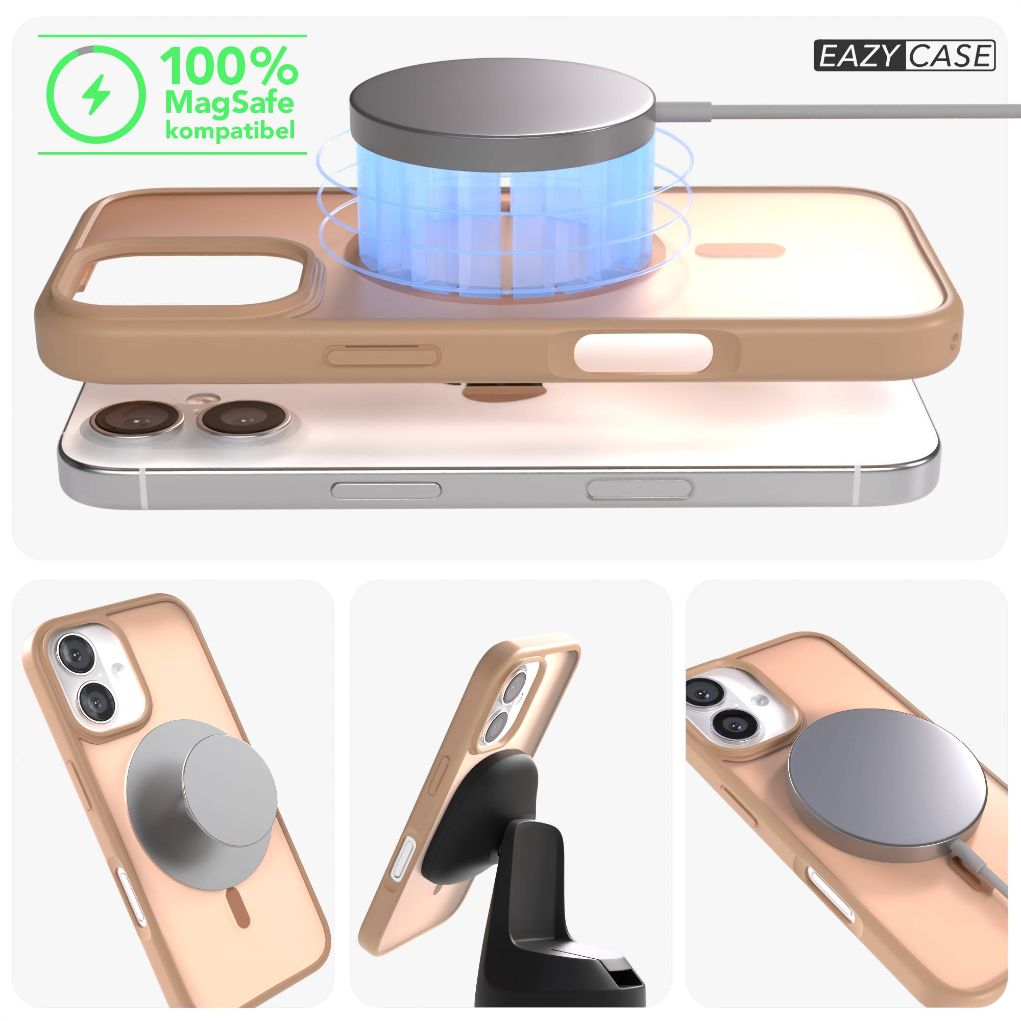 Ein iPhone mit einer braunen Hülle lädt kabellos auf einem Ladegerät.