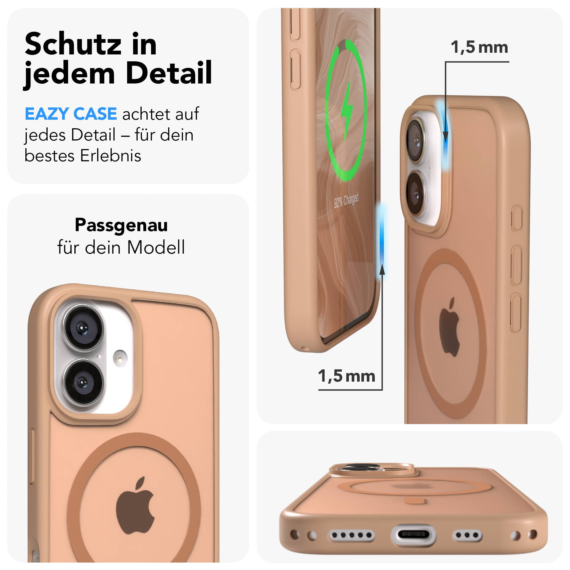 Ein peachfarbenes iPhone mit Hülle, das lädt. Schutz 1,5mm.