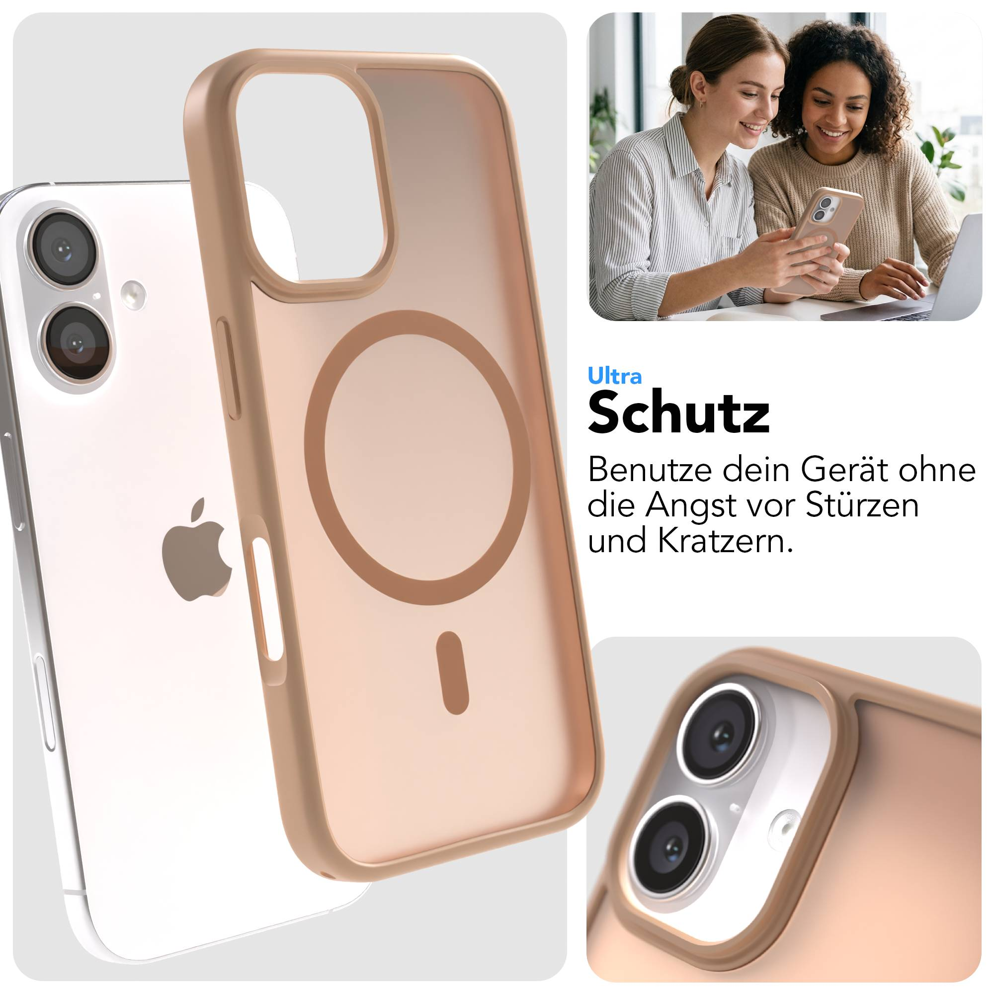 Ein iPhone mit einer rosafarbenen Hülle und zwei Frauen, die auf ein Handy schauen.