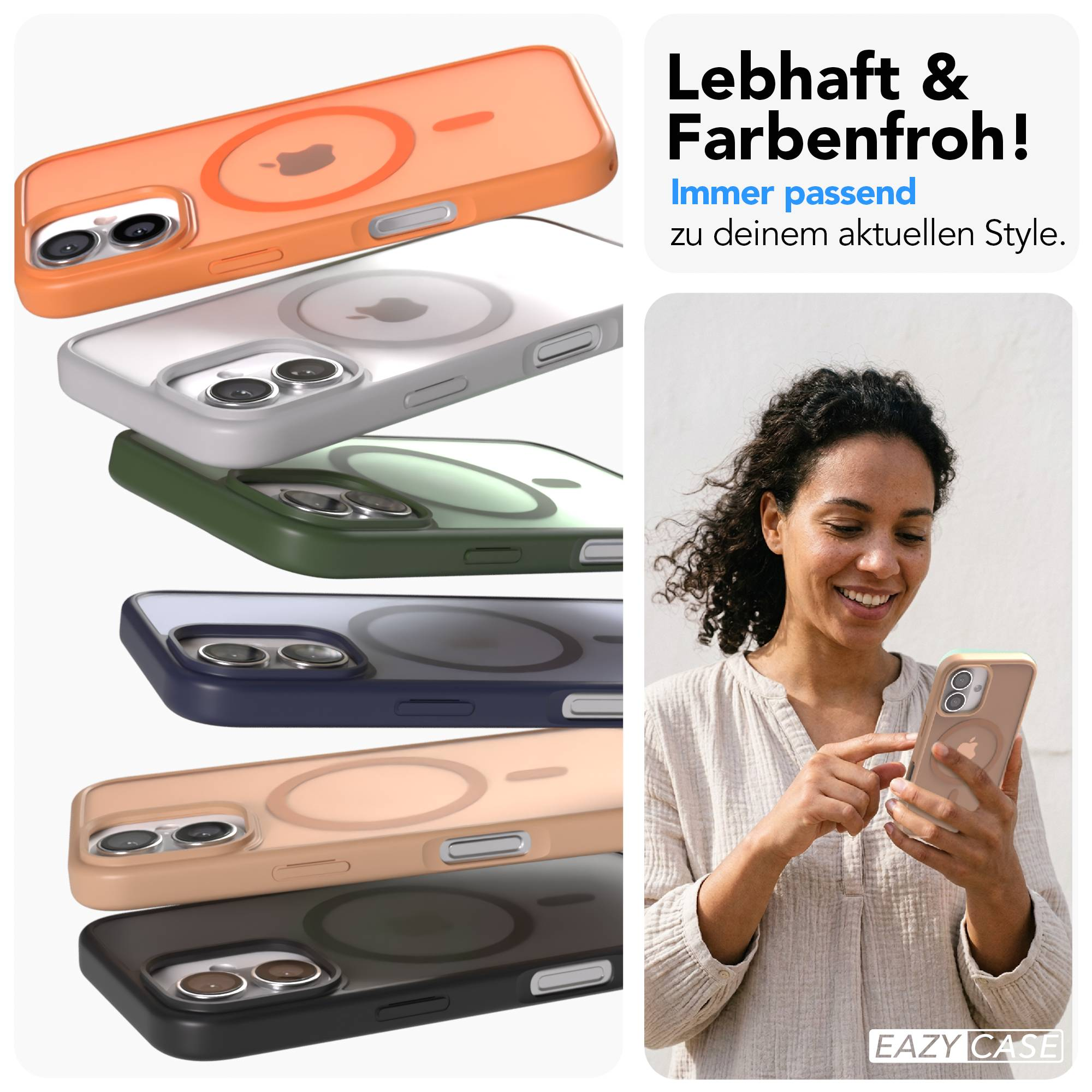 Mehrere iPhone-Hüllen in verschiedenen Farben stapeln sich vor einer Frau.