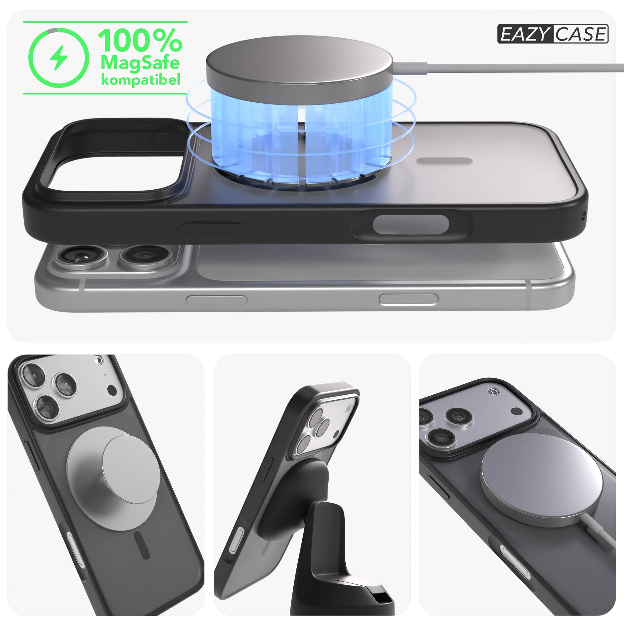 Ein schwarzes iPhone mit MagSafe-Ladegerät und Halterung.