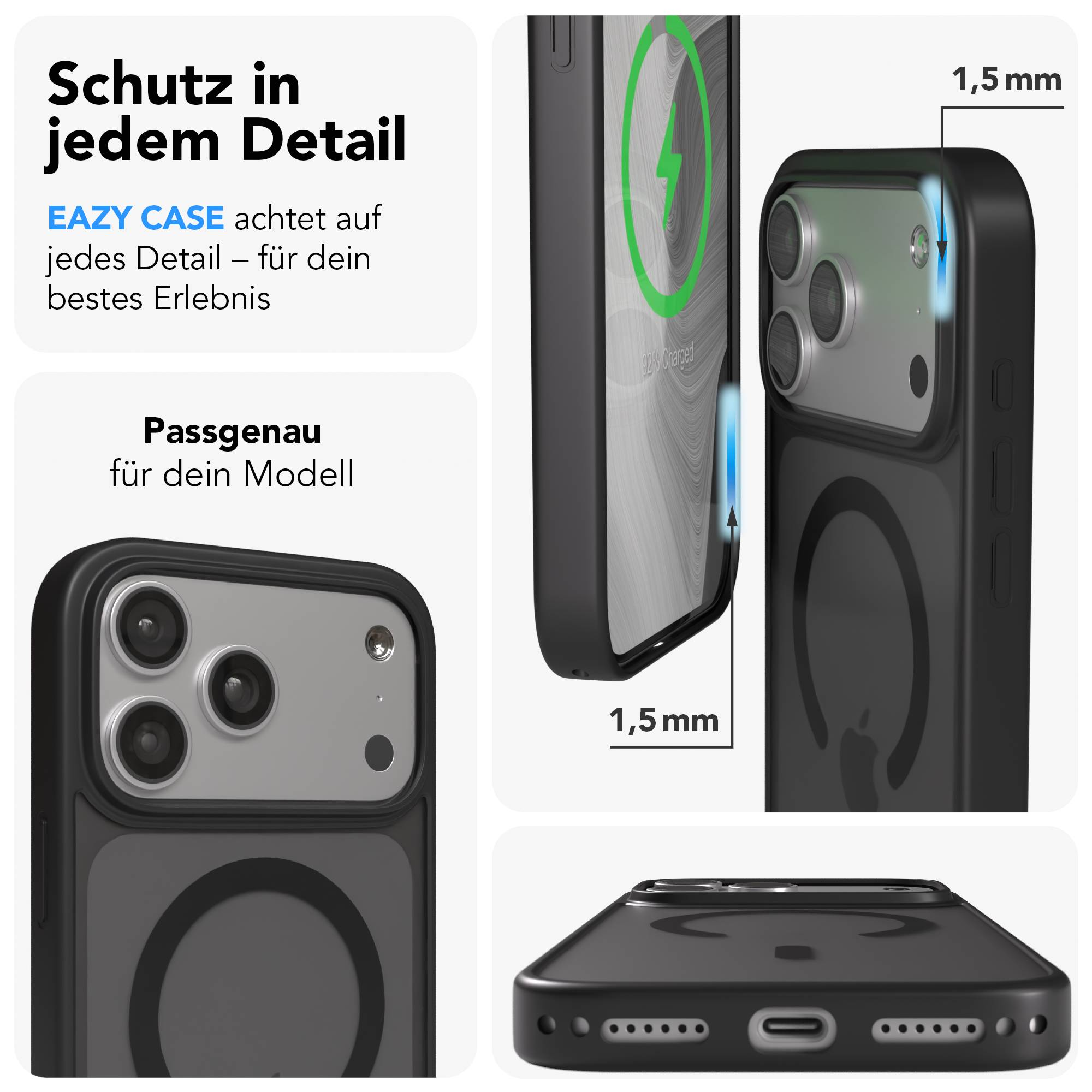 Ein schwarzes Handycase schützt ein iPhone mit drei Kameras.