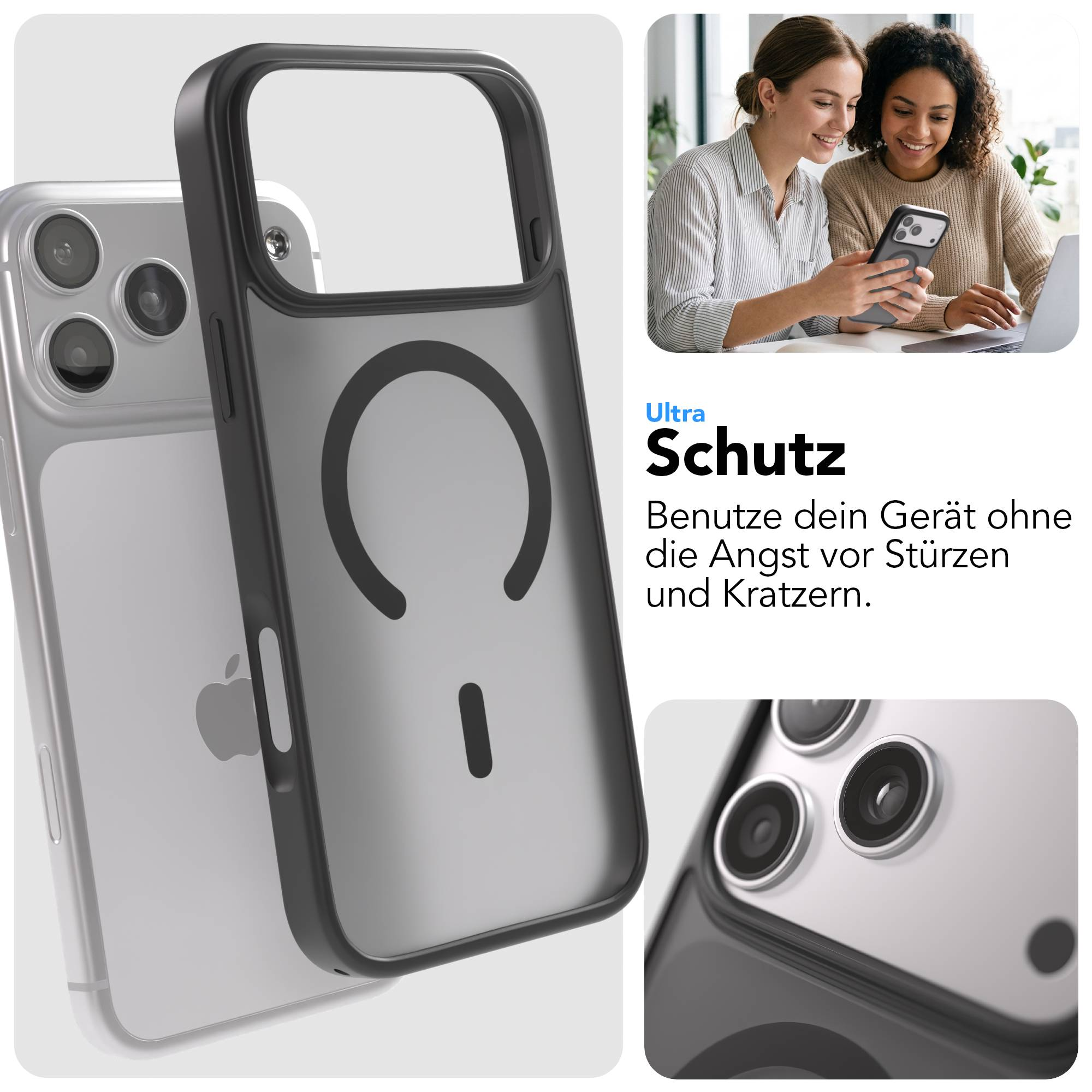 Ein schwarzes iPhone-Case mit MagSafe-Ring liegt neben einem iPhone.