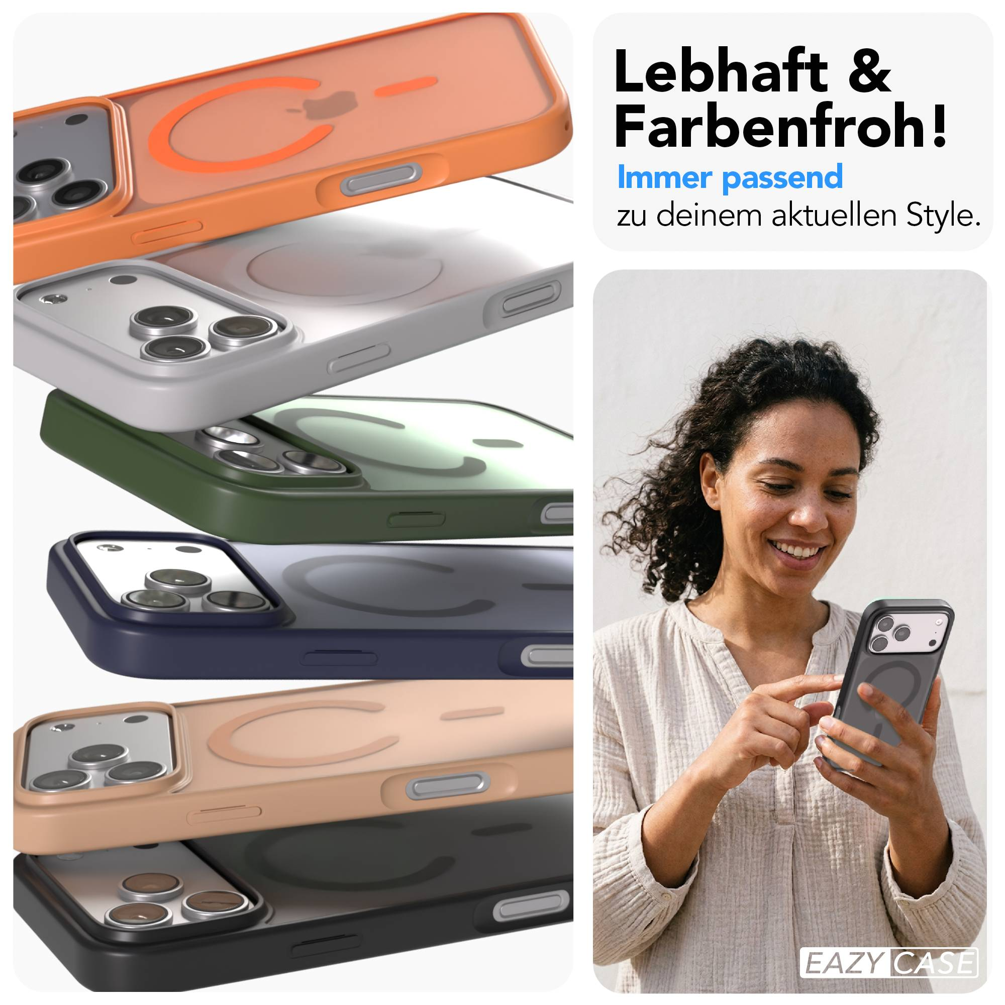 Mehrere bunte Handyhüllen und eine Frau, die ein Handy hält.