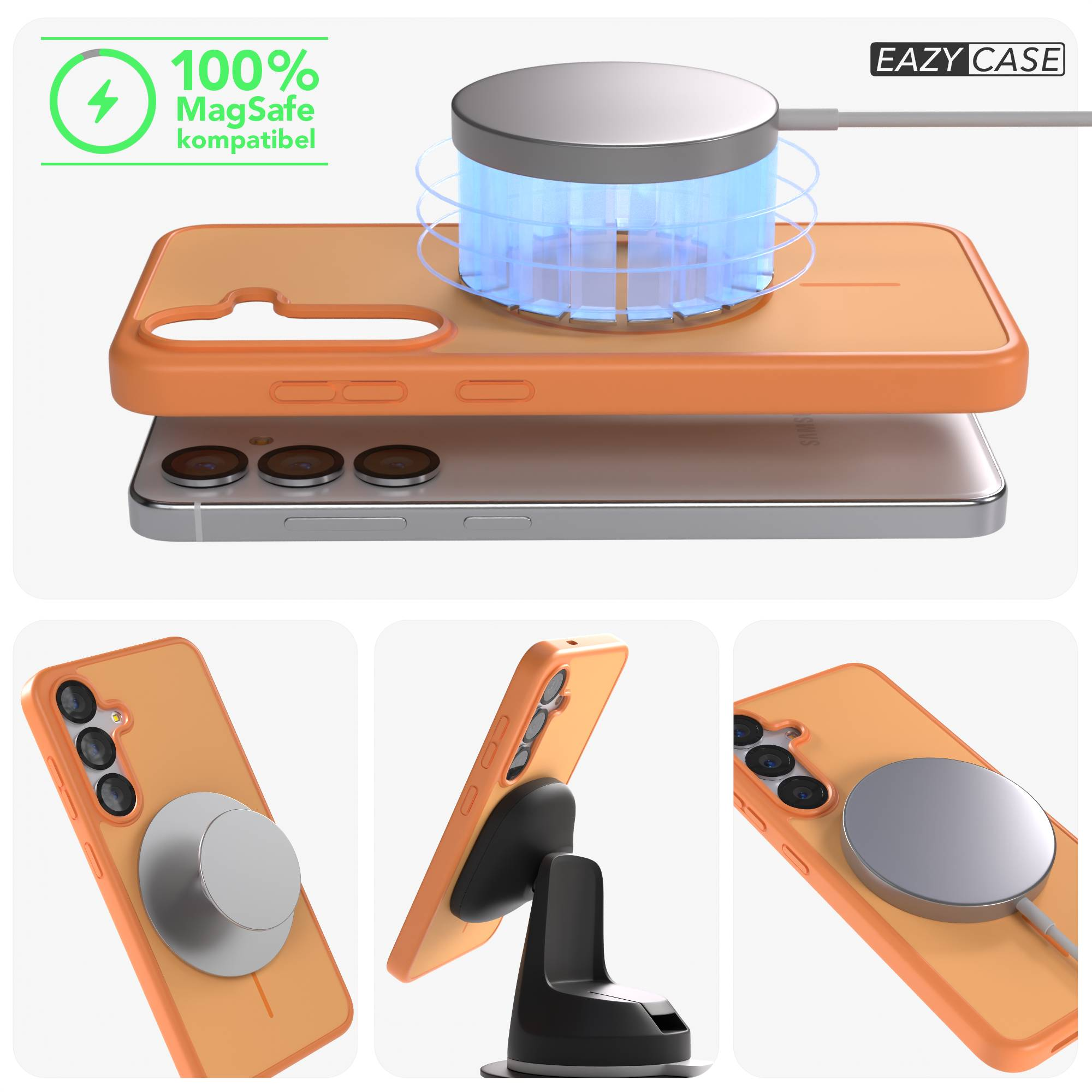 Orange Hülle mit MagSafe-Ladegerät und Handy-Halterung.