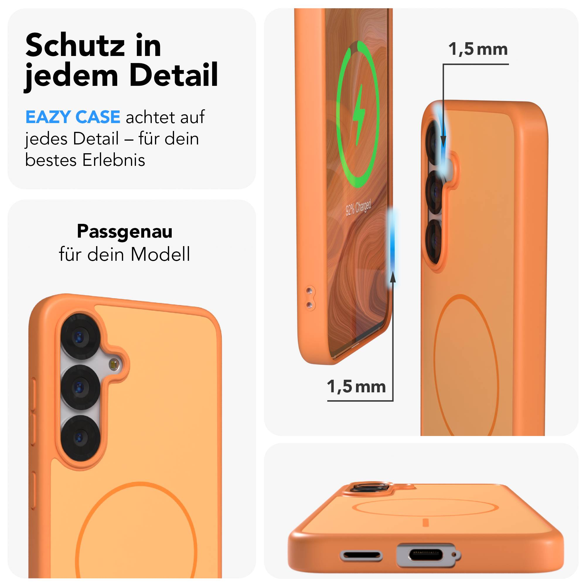 Orange Handyhülle mit Kameras und Ladeanzeige. 1,5mm Dicke.