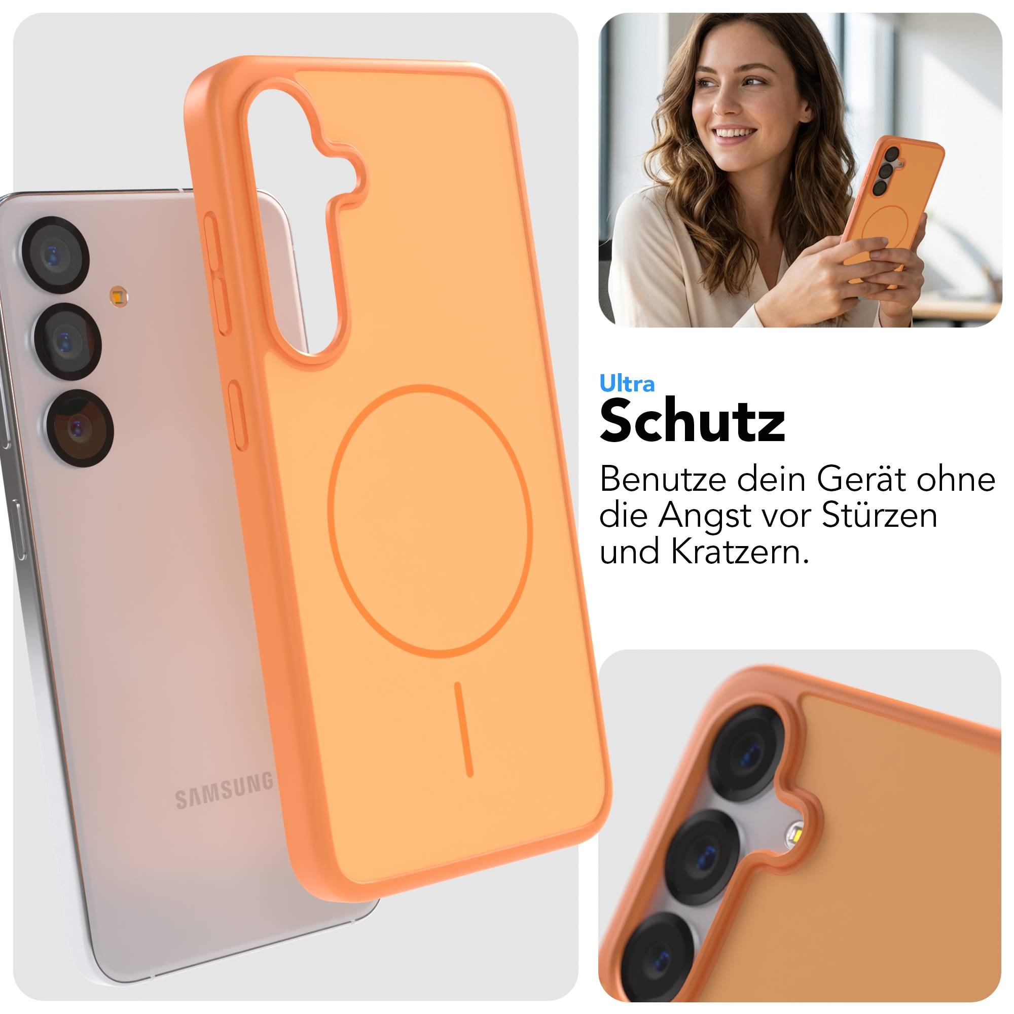 Orange Handyhülle schützt ein Samsung Handy vor Stürzen und Kratzern.
