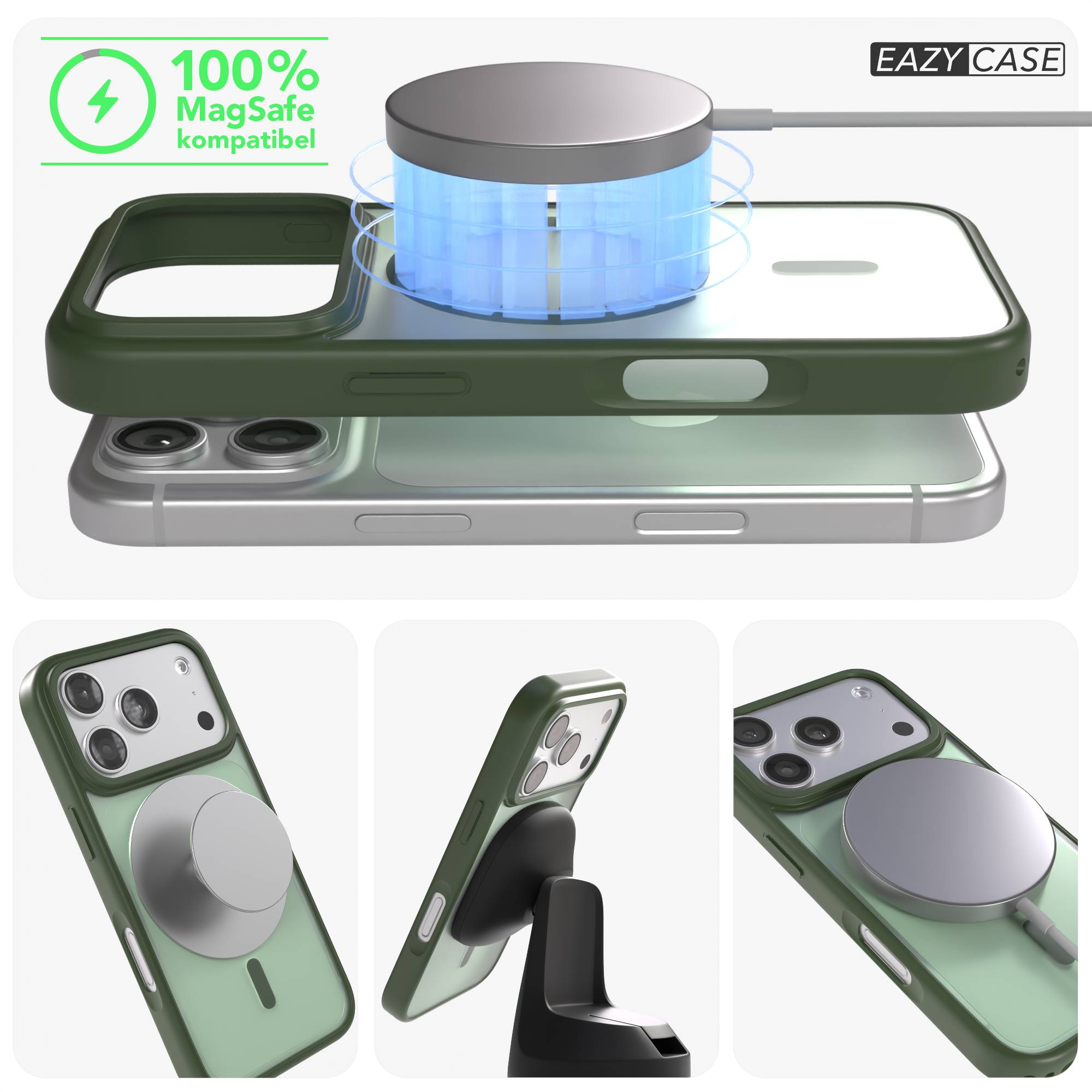Grünes iPhone mit MagSafe-Ladegerät und Ständer. 100% kompatibel.