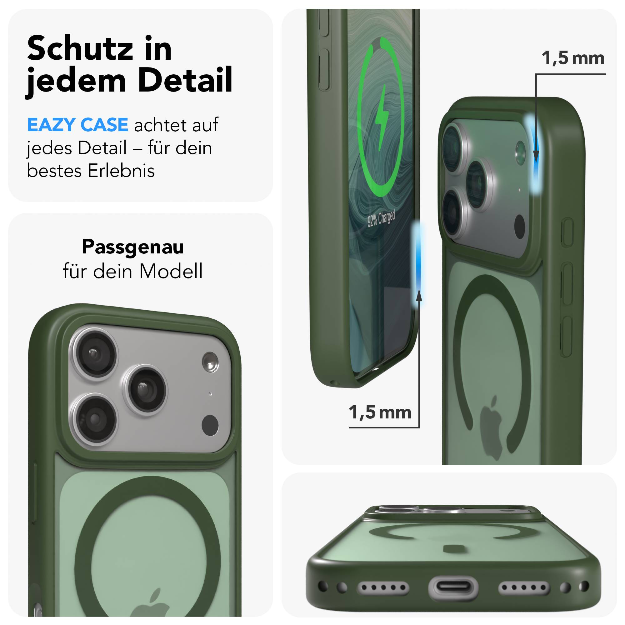 Grüne Handyhülle mit Kamera, Ladeanzeige und Apple-Logo.