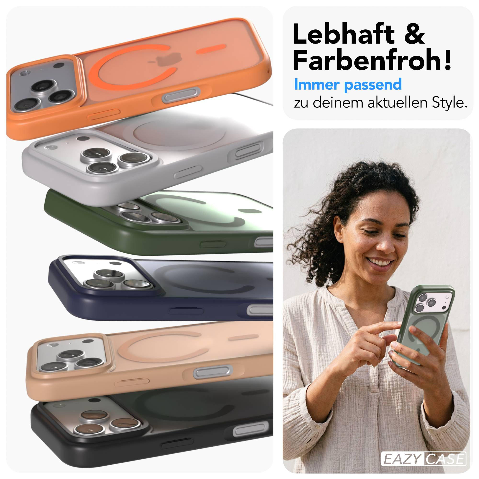 Eine Frau hält ein Handy in einer grünen Hülle. Daneben sind gestapelte Hüllen in versch. Farben.