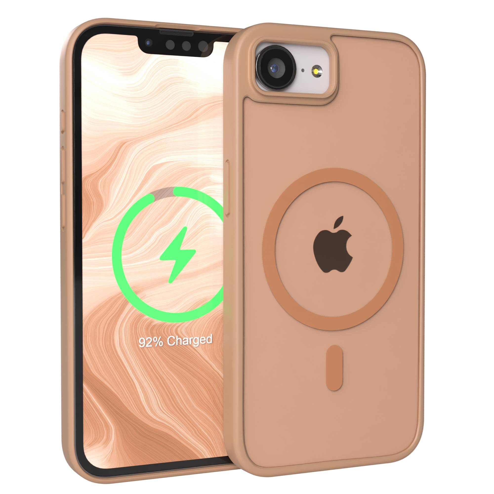 Ein sandfarbenes iPhone mit Hülle zeigt Ladeikone und Apple-Logo.