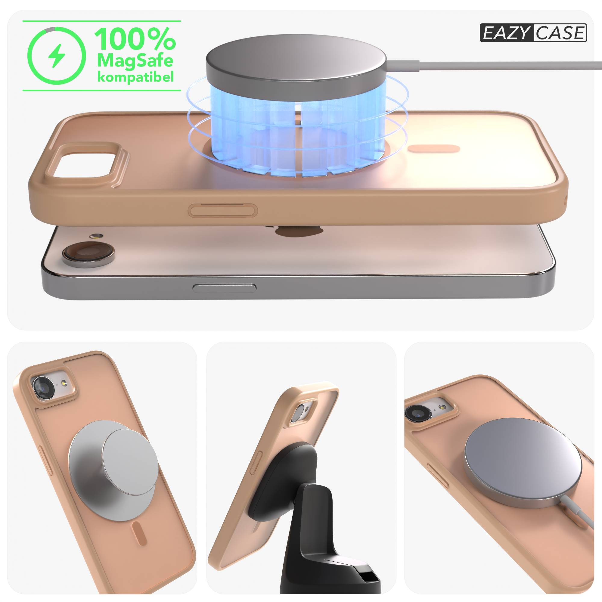 Ein Handy lädt drahtlos mit MagSafe. Nahaufnahme zeigt ein Ladegerät und eine Hülle.