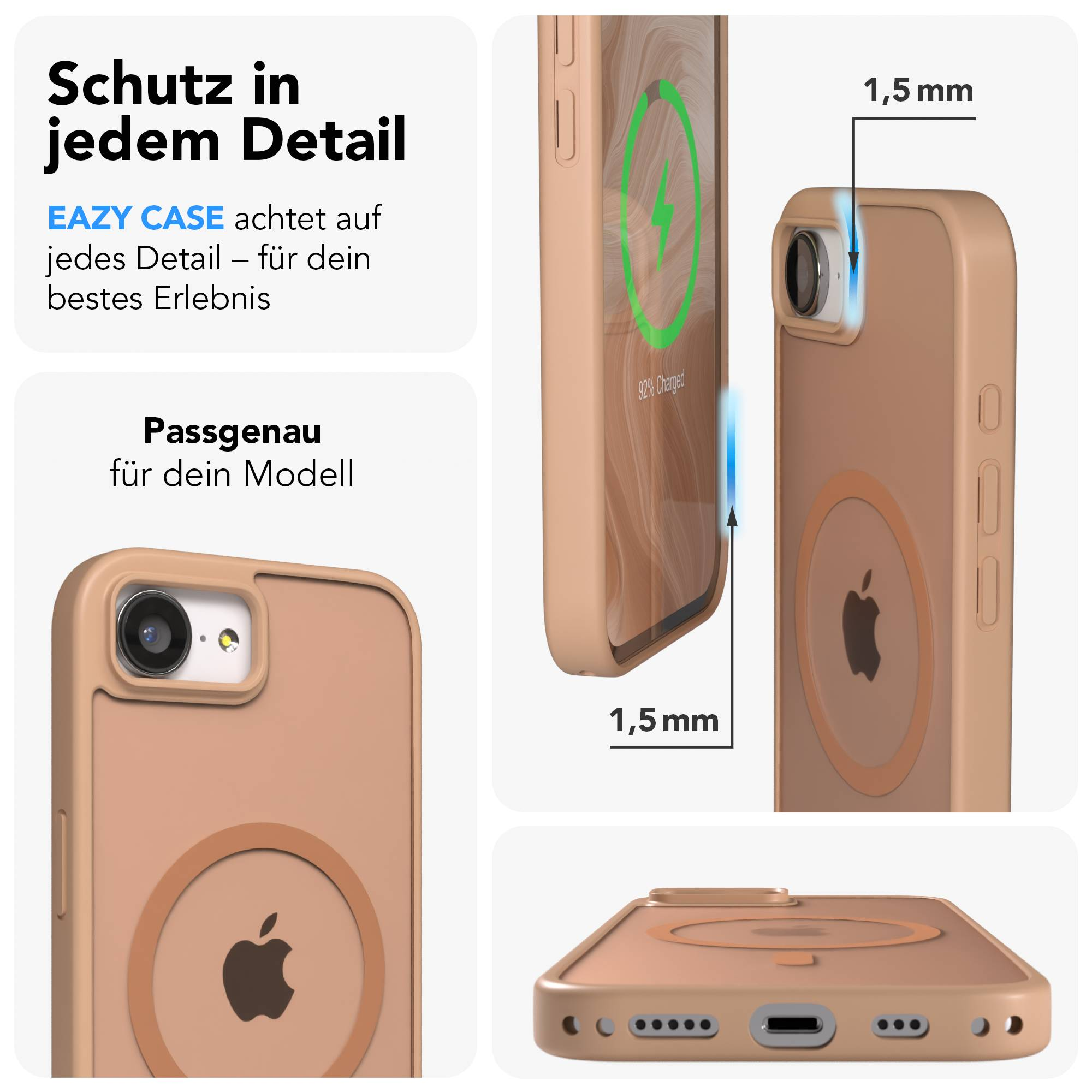 Eine rosafarbene Handyhülle mit dem Apple-Logo. Zeigt Ladefunktion und 1,5 mm Dicke.