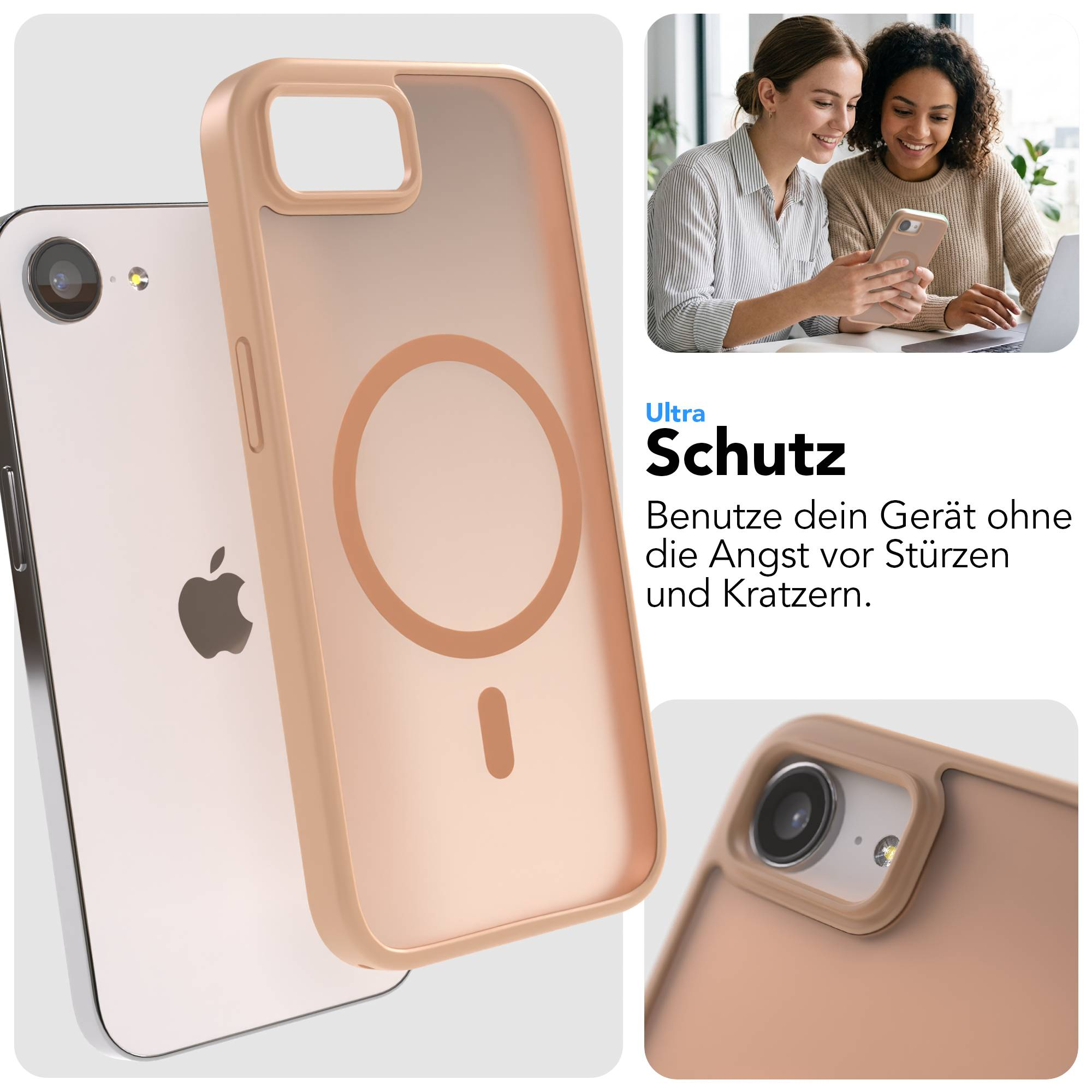 Ein iPhone mit einem rosafarbenen MagSafe-Schutzgehäuse, das auf der Rückseite liegt.