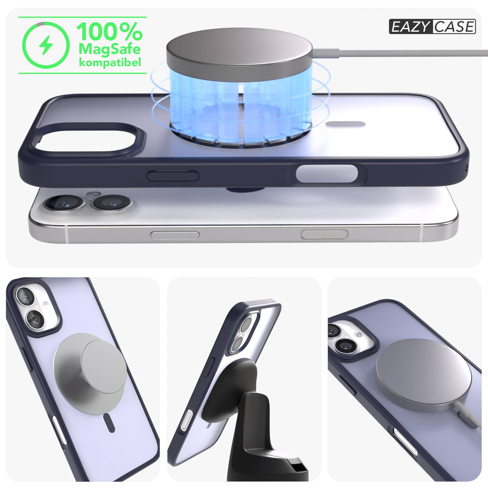 iPhone mit MagSafe-Ladegerät und Hülle, mit Eazy Case Logo.