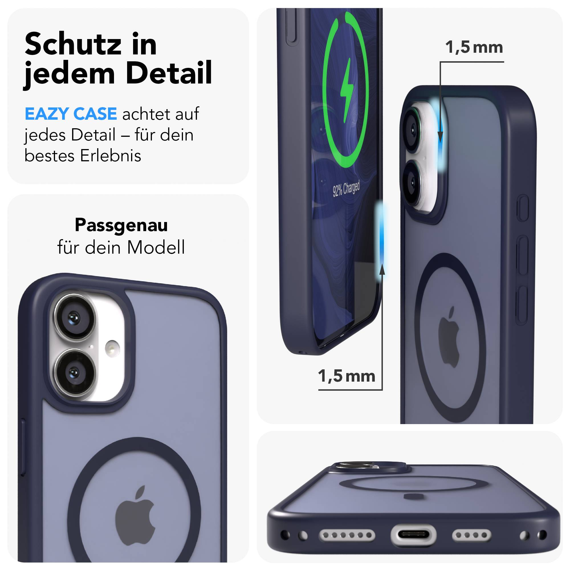Dunkelblauer Handyhülle mit Apple-Logo, Ladeanzeige. 1,5mm dick.